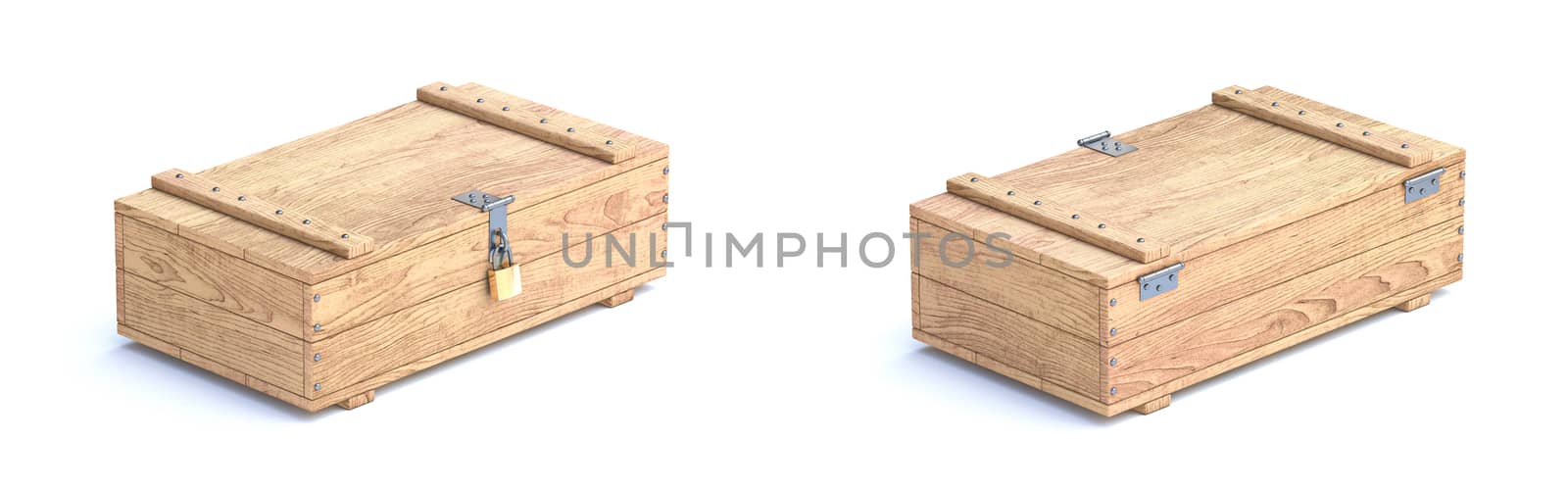 Wooden boxes 3D render illustration isolated on white background