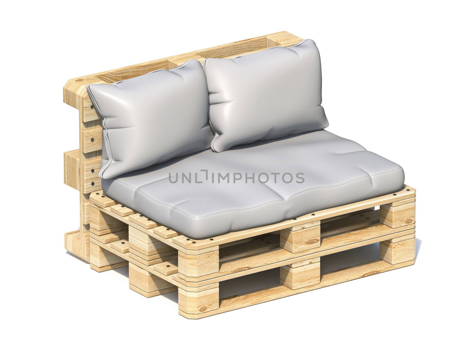Wooden pallet sofa 3D render illustration isolated on white background