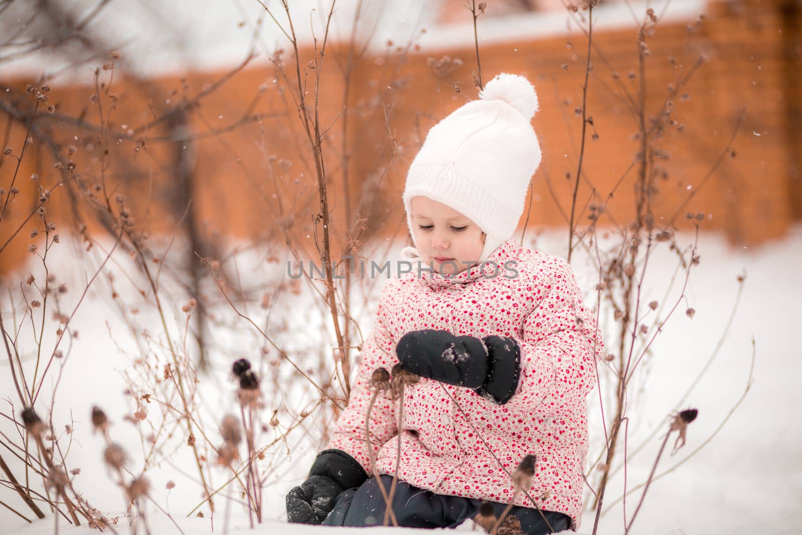 A little girl sits in the snow and in mittens picks dried plants on sunny winter day.