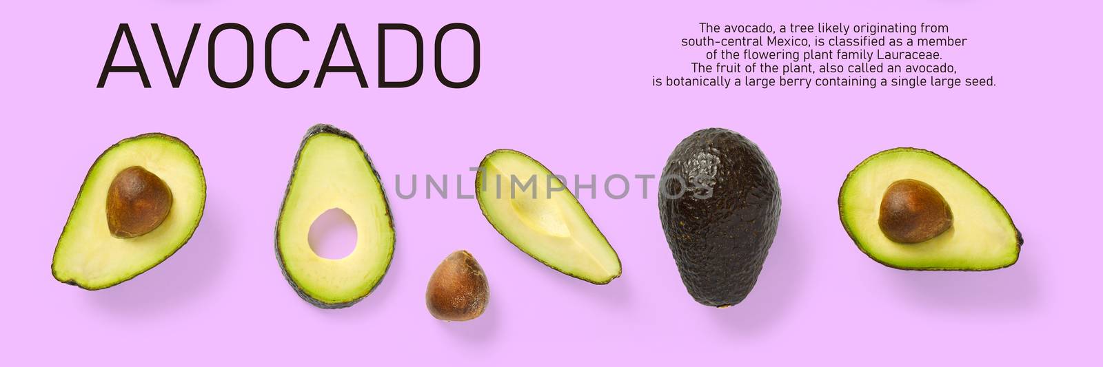 Modern creative avocado collage with simple text on solid color background. Avocado slices creative layout on pink background. Flat lay, Food concept by PhotoTime