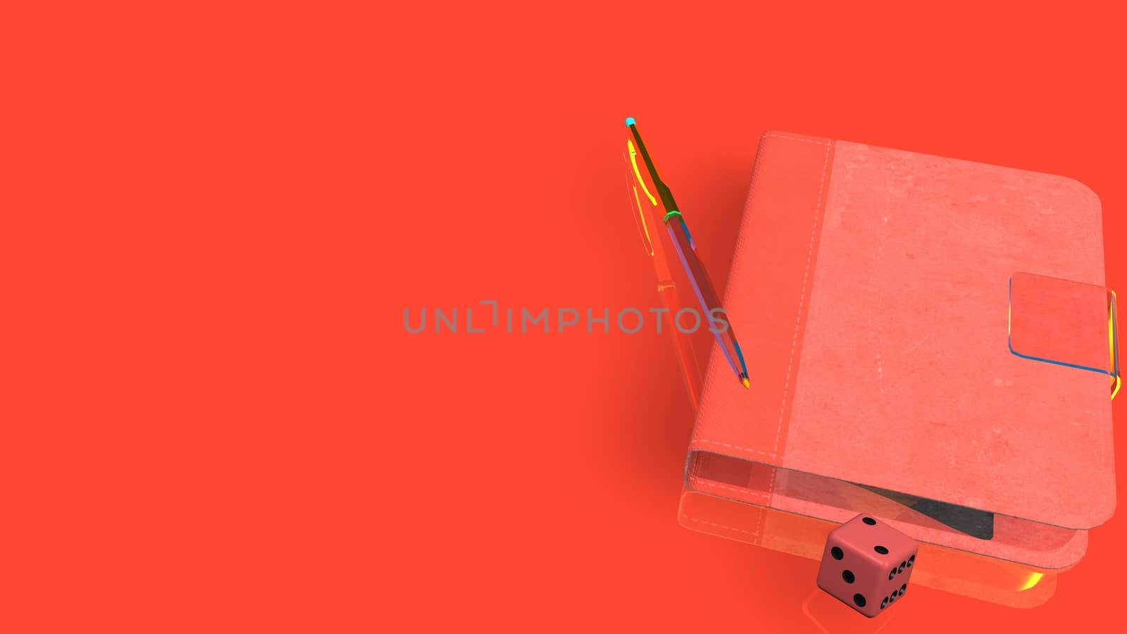Beautiful book or note book with a pen on it. Book is on a colored background with shadow from light above. 3D rendered Illustration
