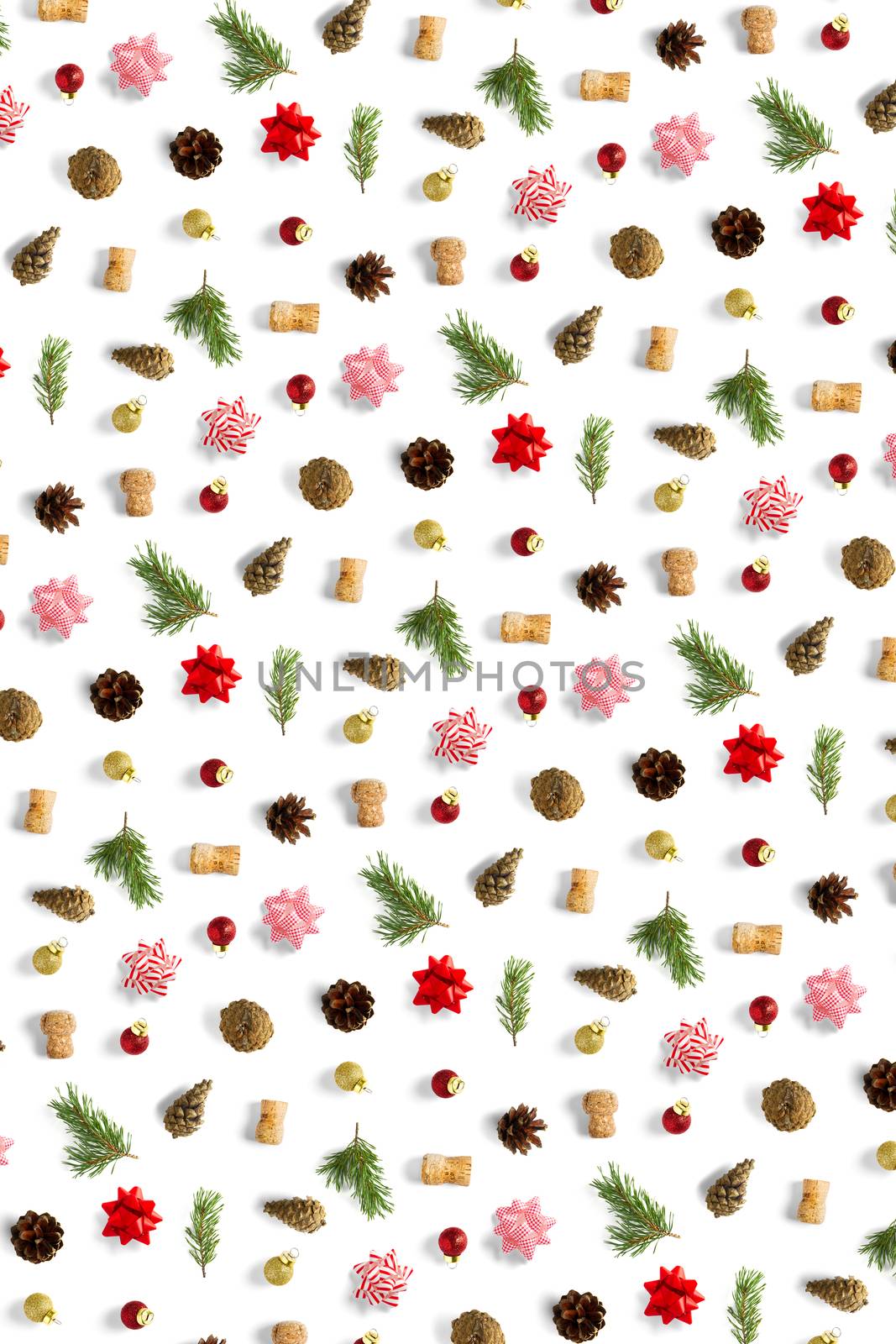modern christmas background on white backdrop. creative flat lay for christmas time, banners, posters, prints and other creative works. not seamless pattern