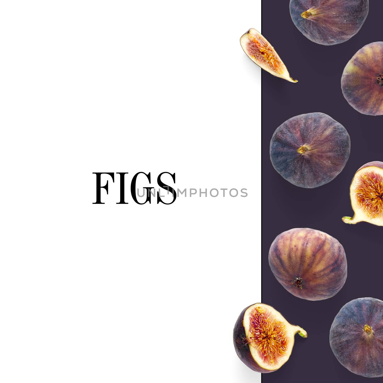 Creative layout of Fresh ripe figs. Food Photo. trendy modern collage of Fig with sample text. Figs on a white background with space for text copy space.