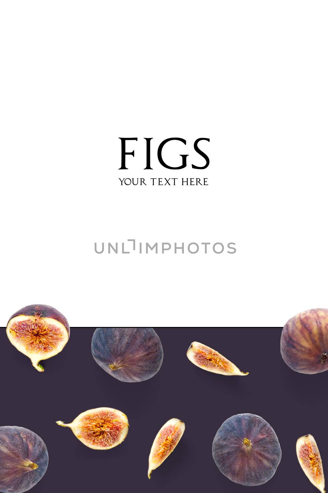 Creative layout of Fresh ripe figs. Food Photo. trendy modern collage of Fig with sample text. Figs on a white background with space for text copy space.