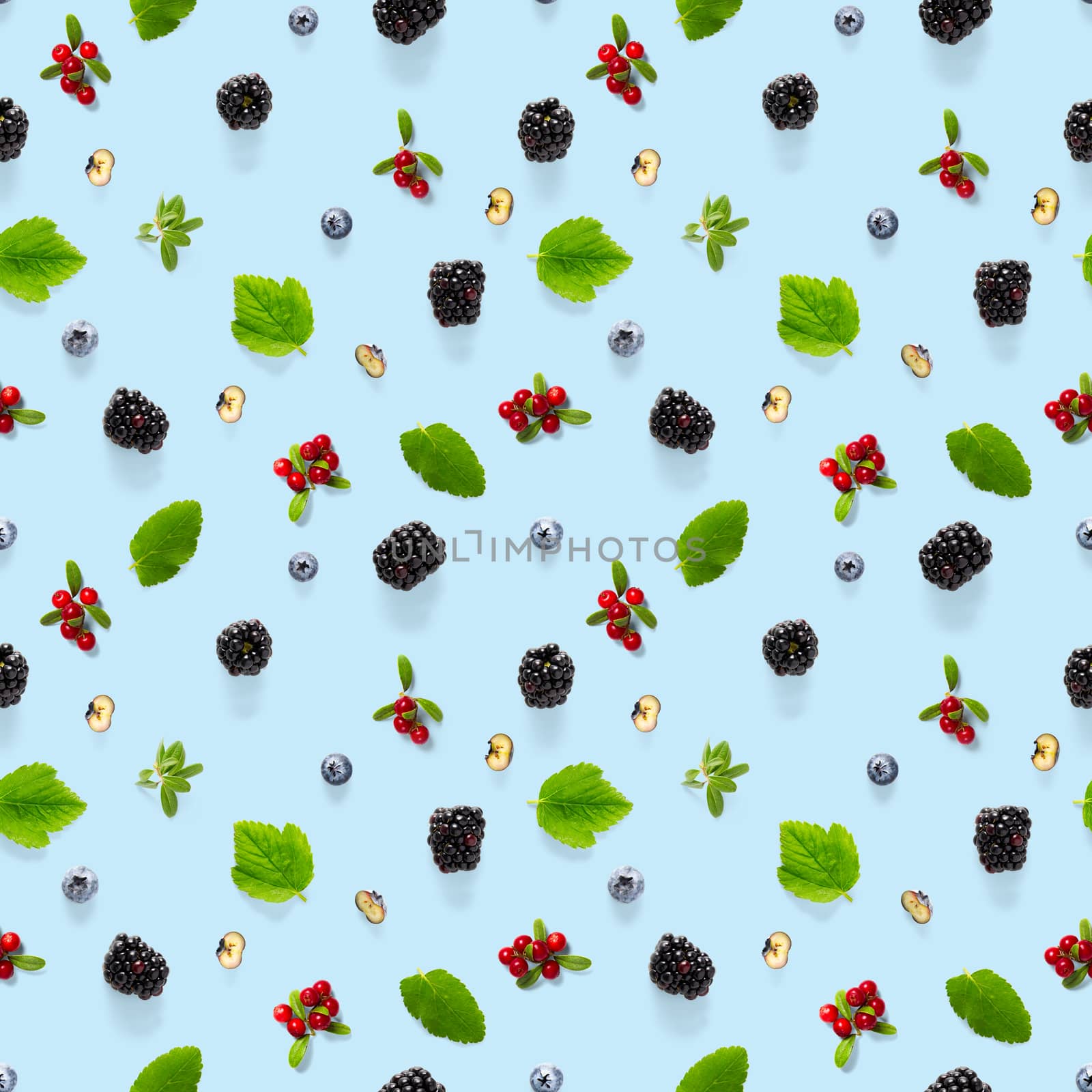 Creative seamless pattern of wild berries, blackberry, blueberry, lingonberry and bramble. modern seamless pattern on blue backgriund made from autumn forest wild berries. Forest berries mix