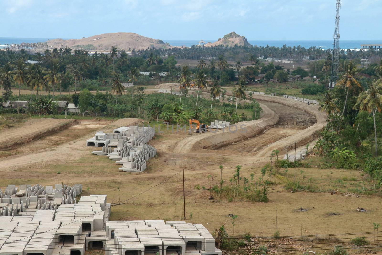 Construction of a complex on the Motogp Mandalika circuit, West Nusa Tenggara, Lombok, Indonesia. Building a racetrack for motorcycles.