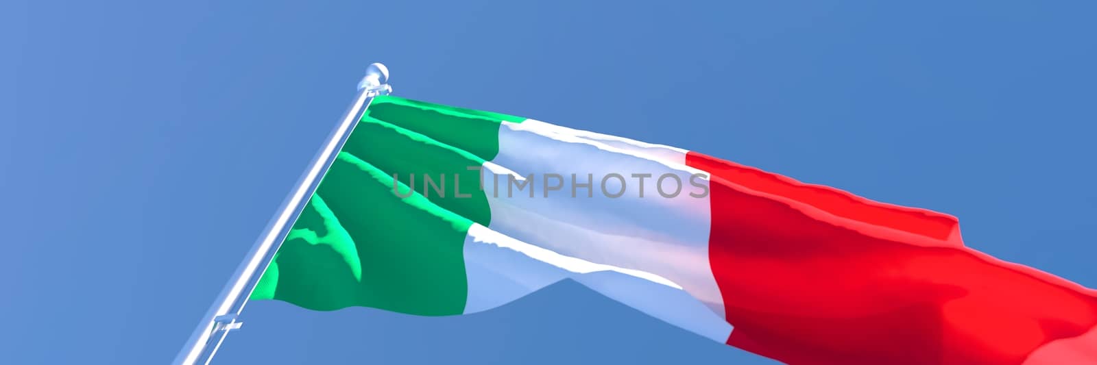 3D rendering of the national flag of Italy waving in the wind against a blue sky