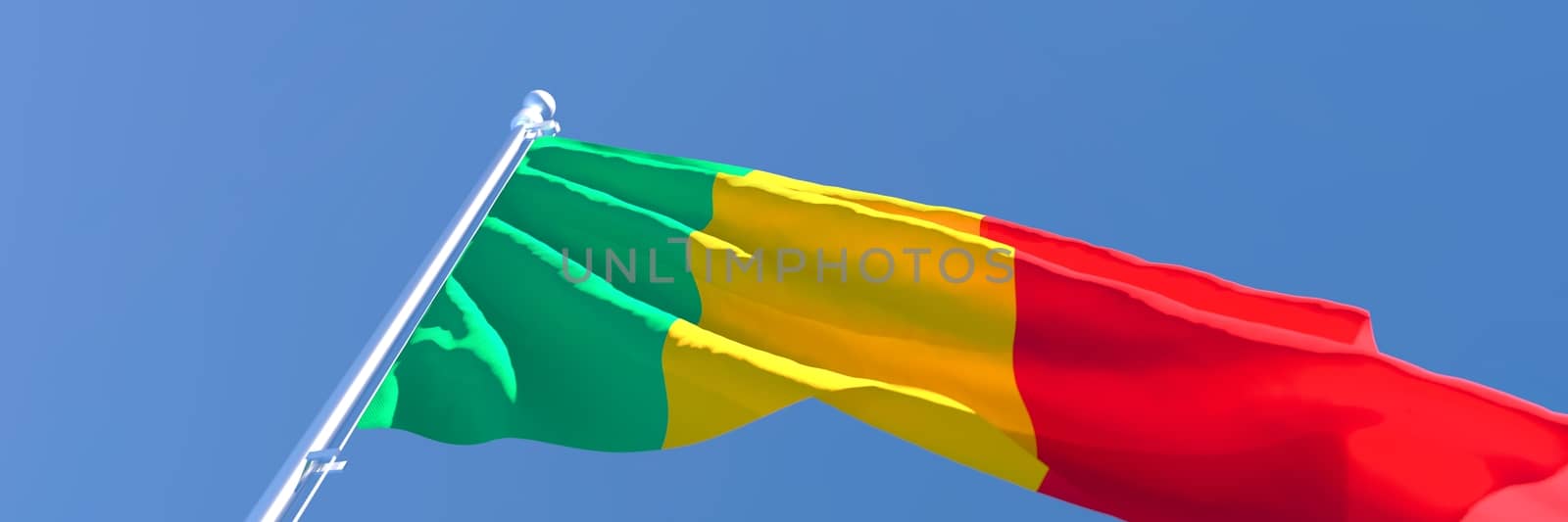 3D rendering of the national flag of Mali waving in the wind against a blue sky