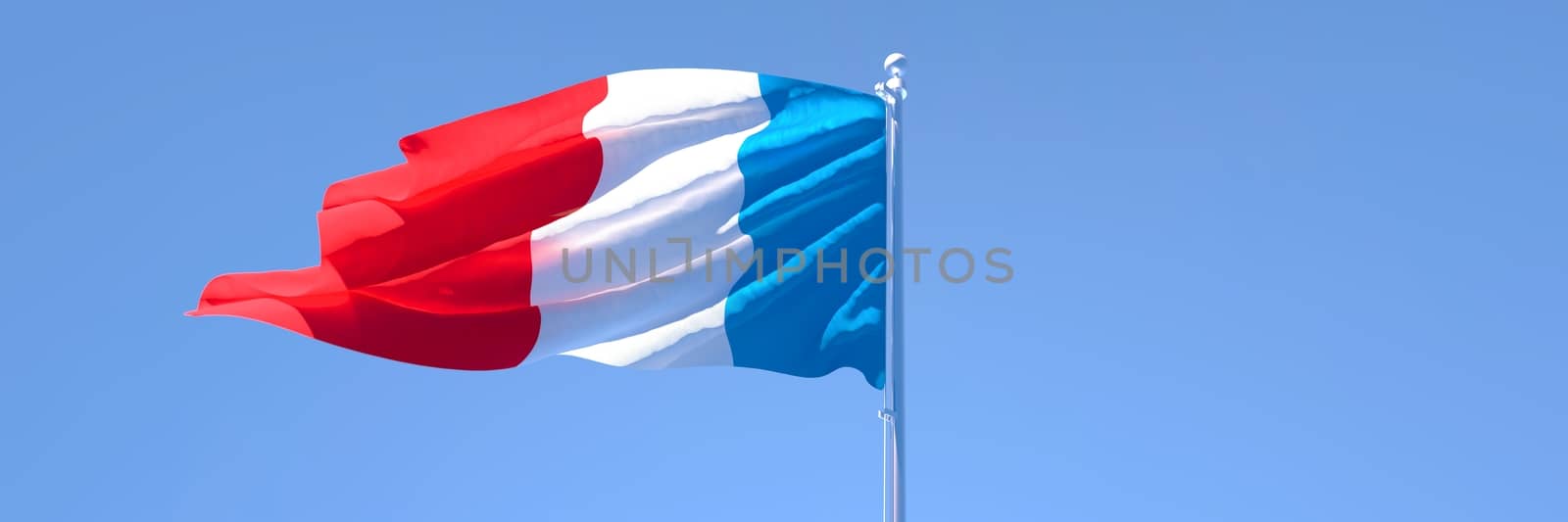 3D rendering of the national flag of France waving in the wind against a blue sky