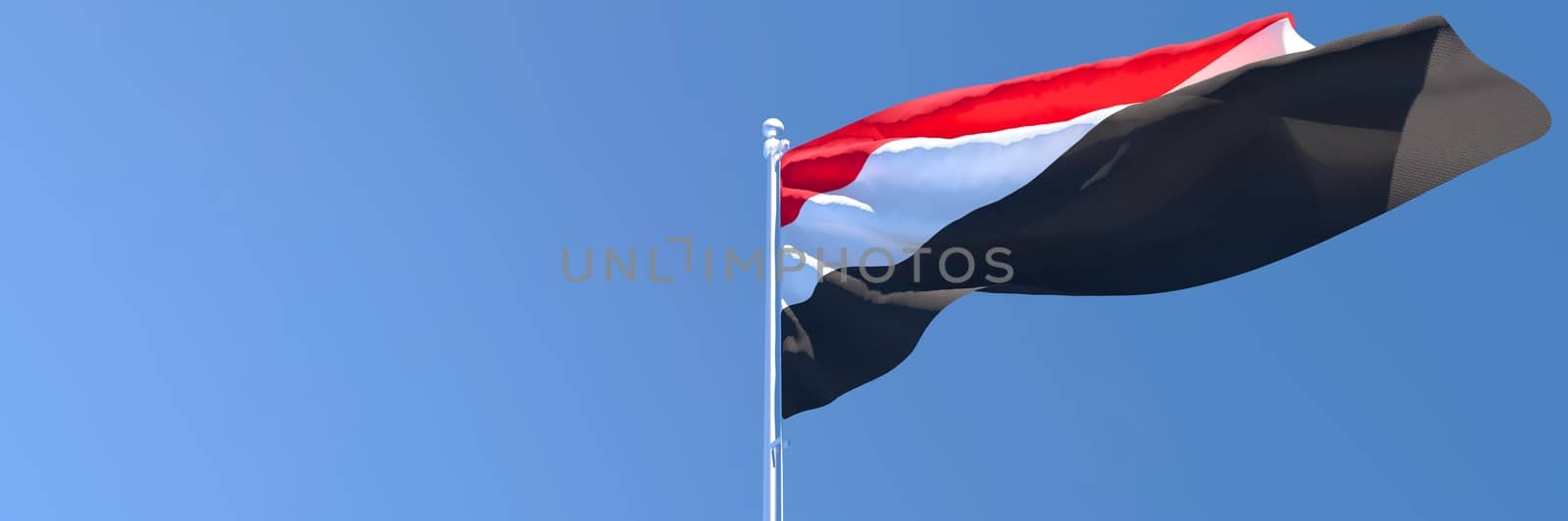 3D rendering of the national flag of Yemen waving in the wind against a blue sky