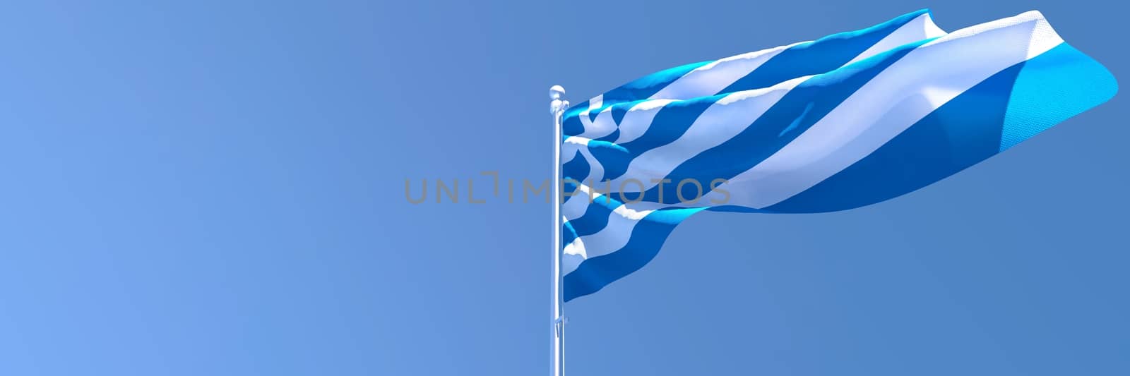 3D rendering of the national flag of Greece waving in the wind against a blue sky