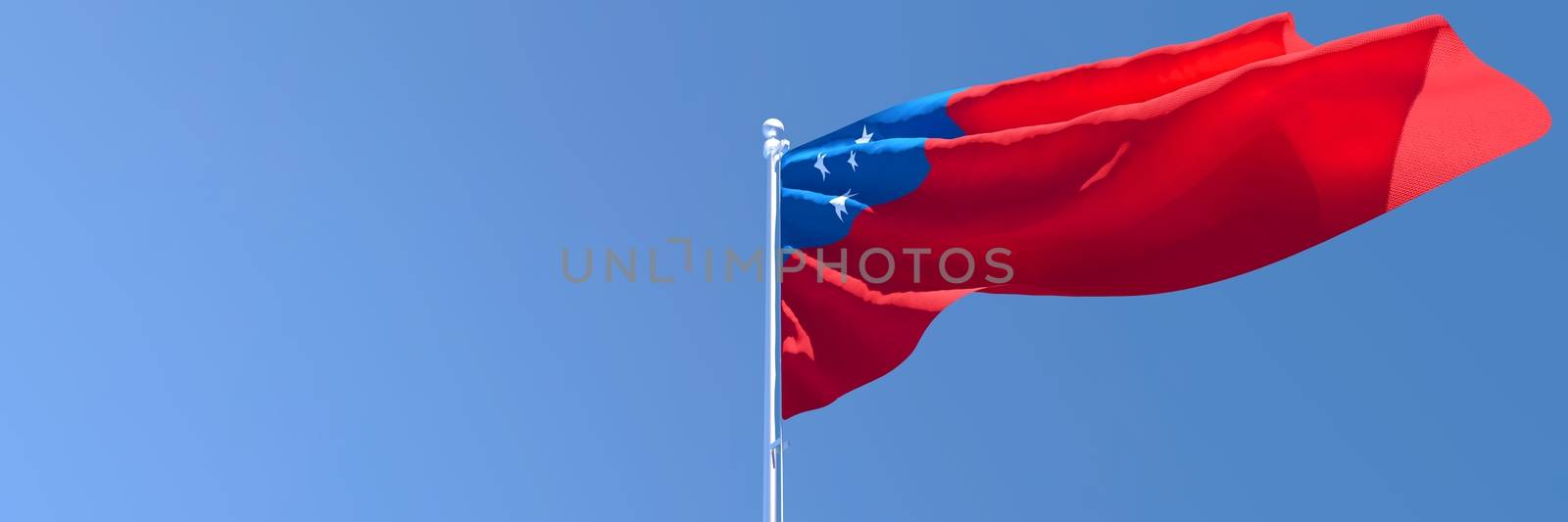 3D rendering of the national flag of Samoa waving in the wind against a blue sky