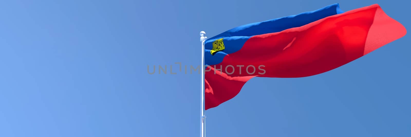 3D rendering of the national flag of Liechtenstein waving in the wind against a blue sky