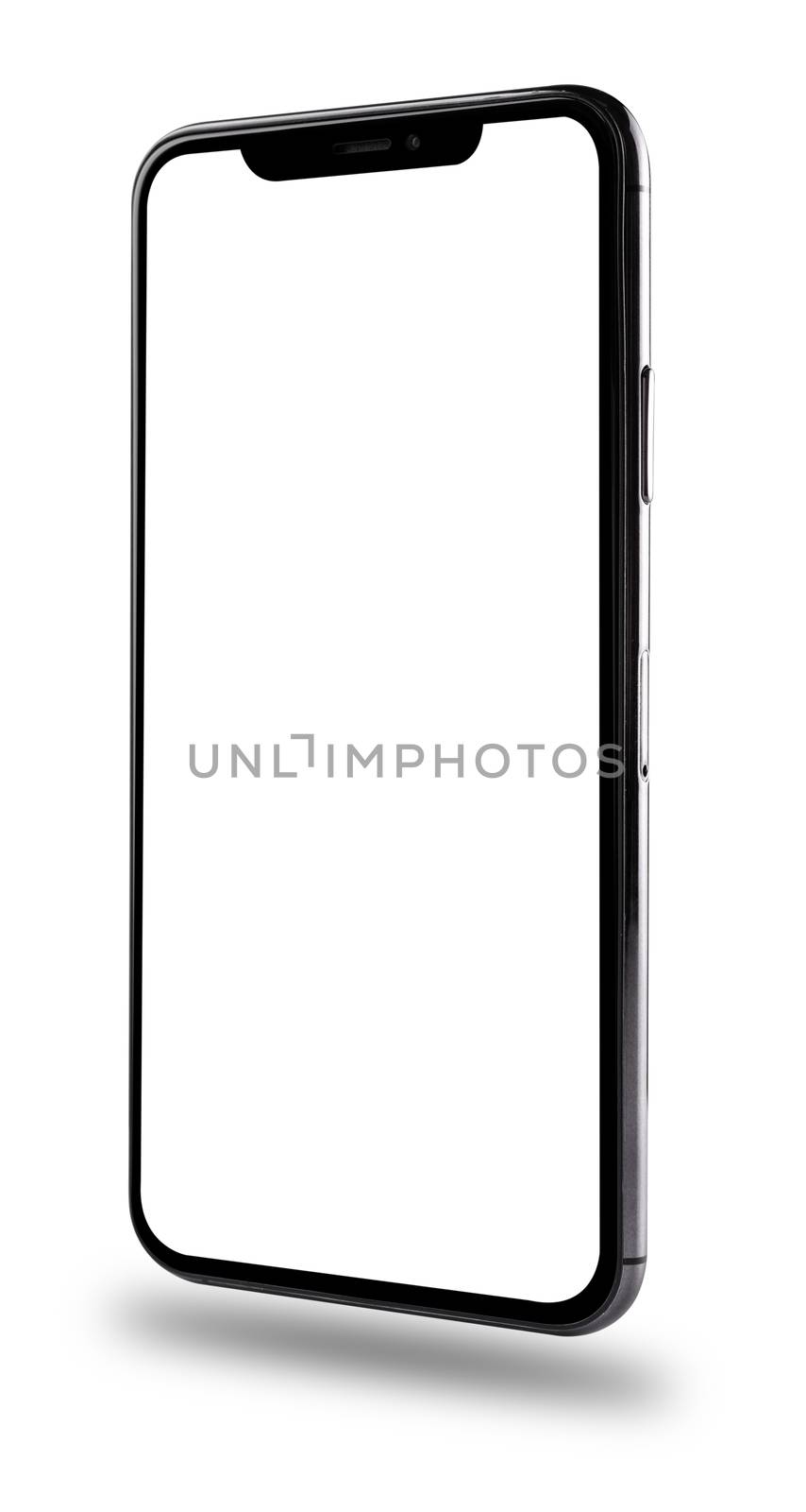 Closeup modern digital black Smartphone mobile mockup blank side screen isolated on white background, no clipping path