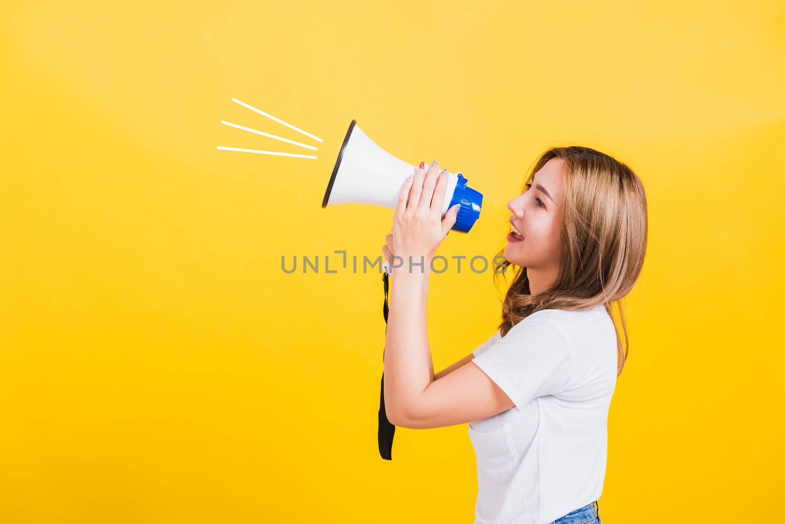 woman teen standing making announcement message shouting screami by Sorapop