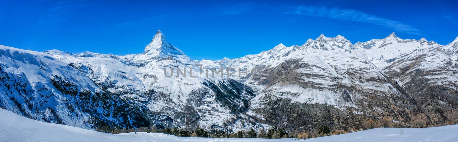 Panoramic beautiful view of snow mountain Matterhorn peak, Zerma by Surasak