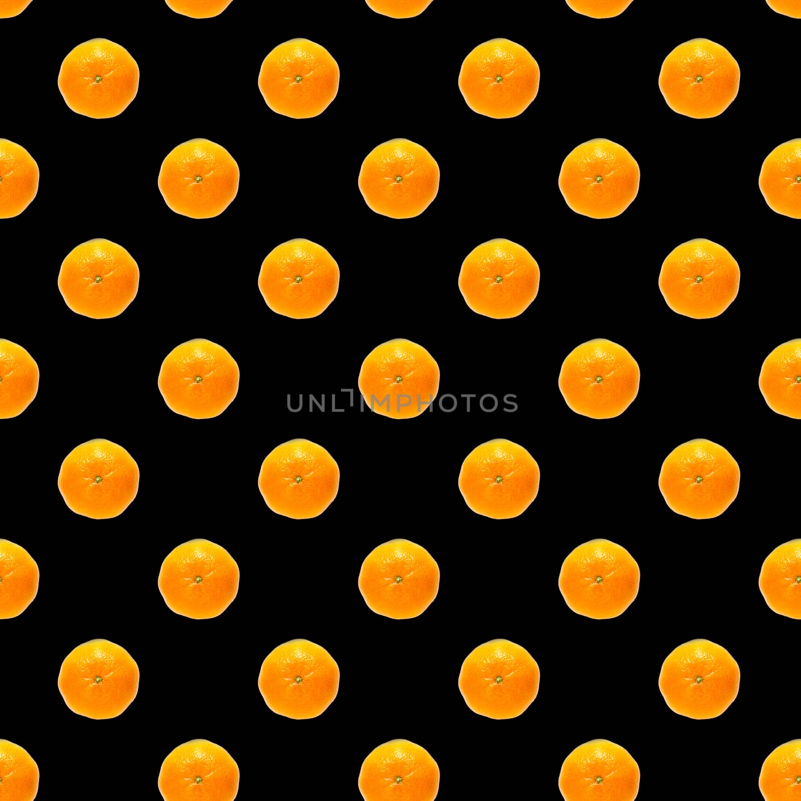 Fresh mandarin Seamles pattern. Ripe fruit tangerines seamless pattern. Fresh citrus isolated on black background pattern. Flat lay of Clementine. Mandarine modern tropical seamless background.