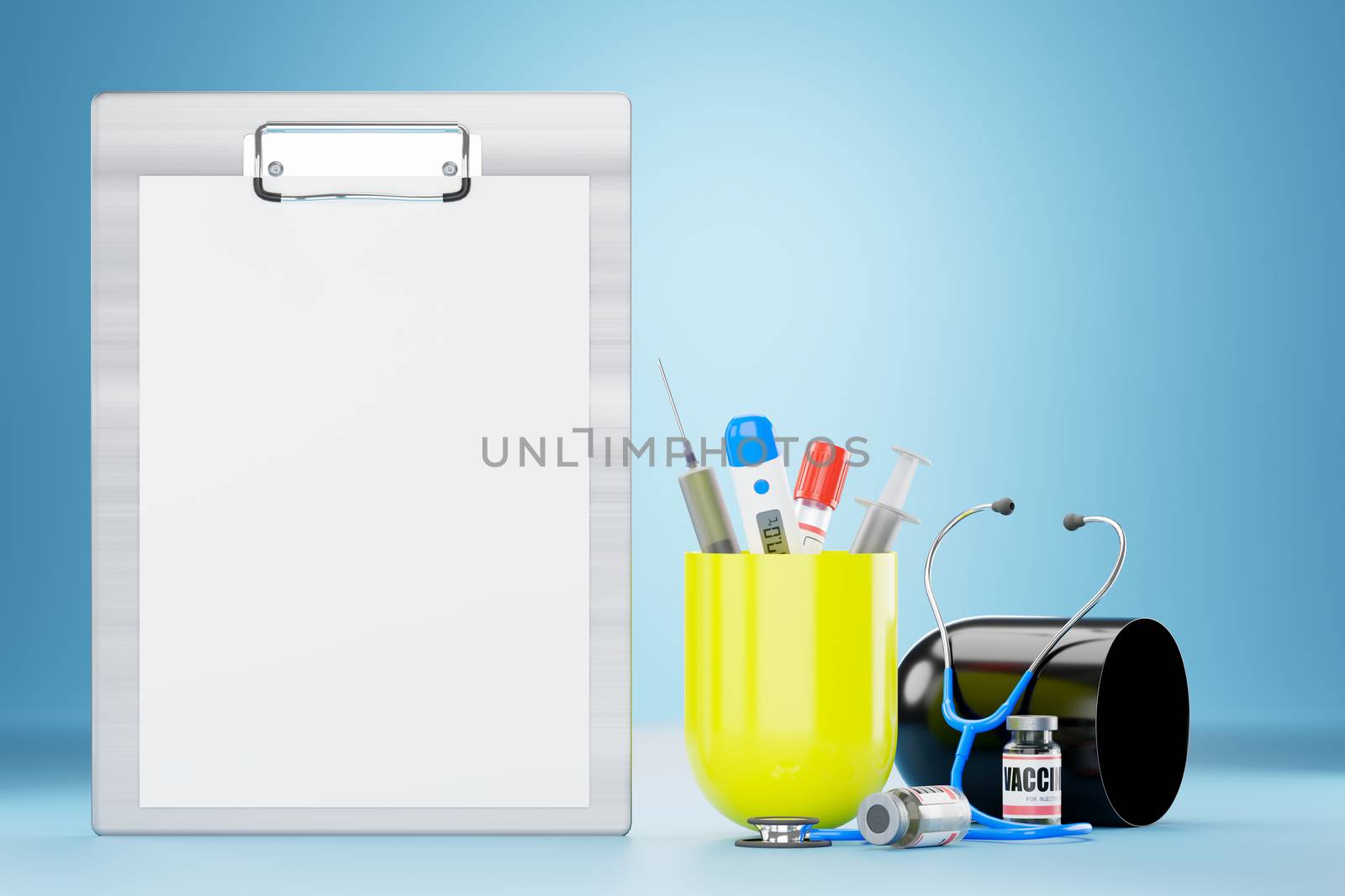 Medical equipment in a yellow-black capsule and placed next to a stainless clipboard. Copy space on the clipboard. The concept of maintaining good health by taking prescription drugs. 3D rendering.
