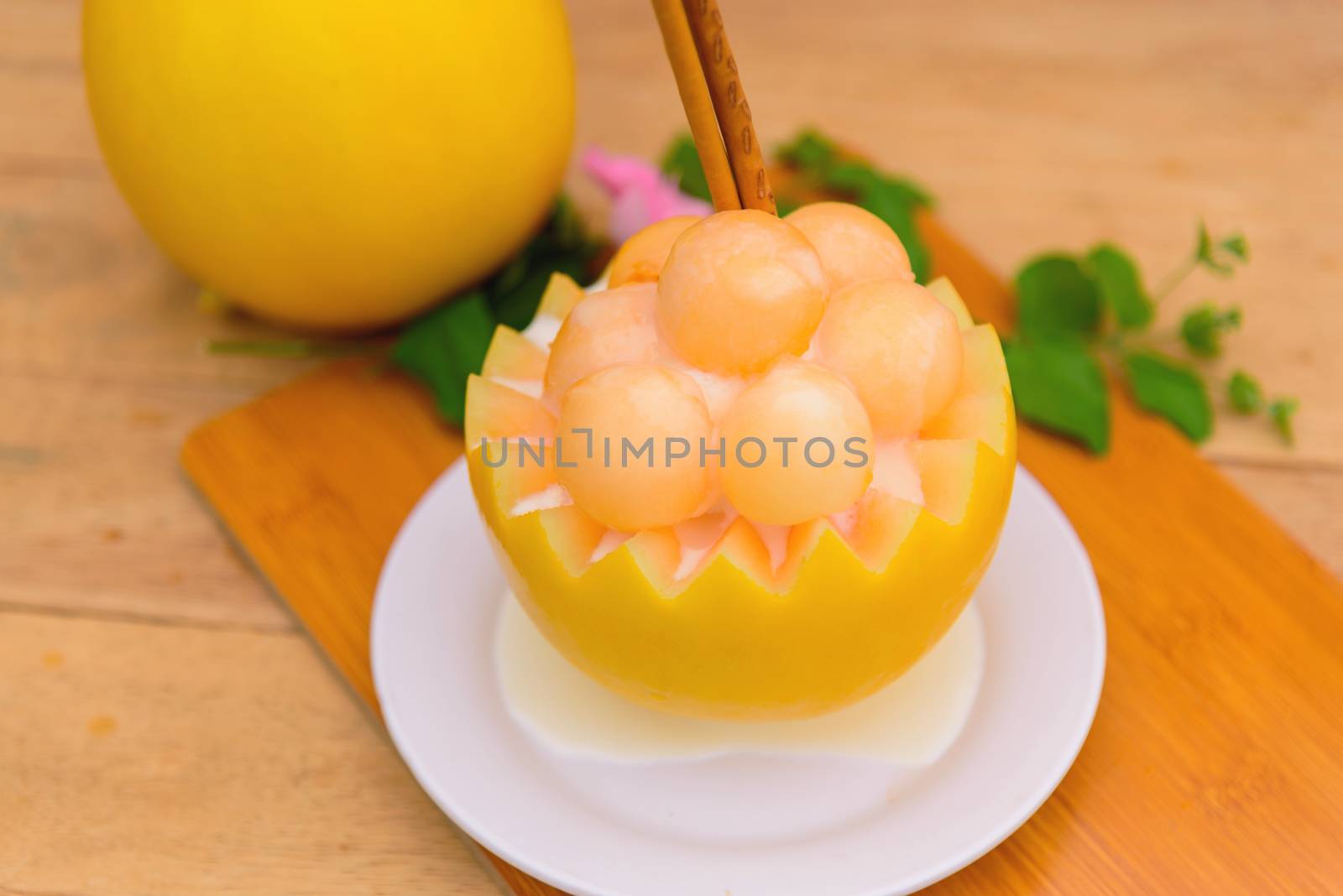 Melon Bingsoo with Sweetened Condensed Milk on wood table