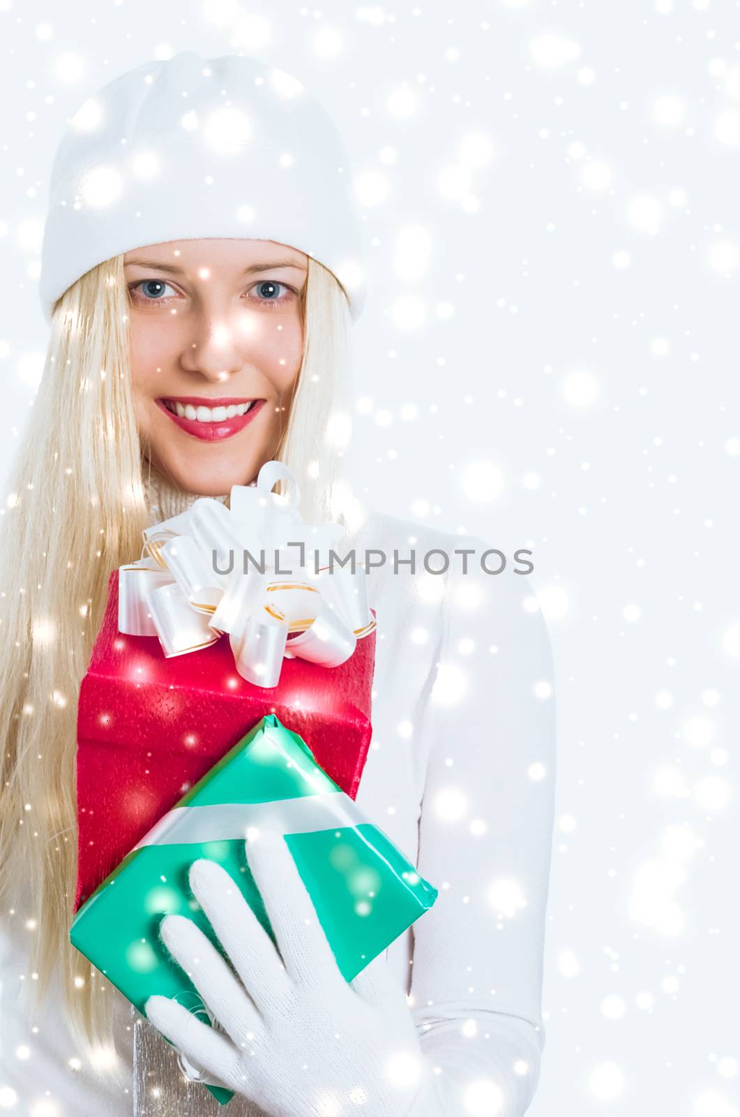 Happy Christmas and glitter snow background, happy blonde girl with gift boxes in winter season for shopping sale and holiday brand by Anneleven