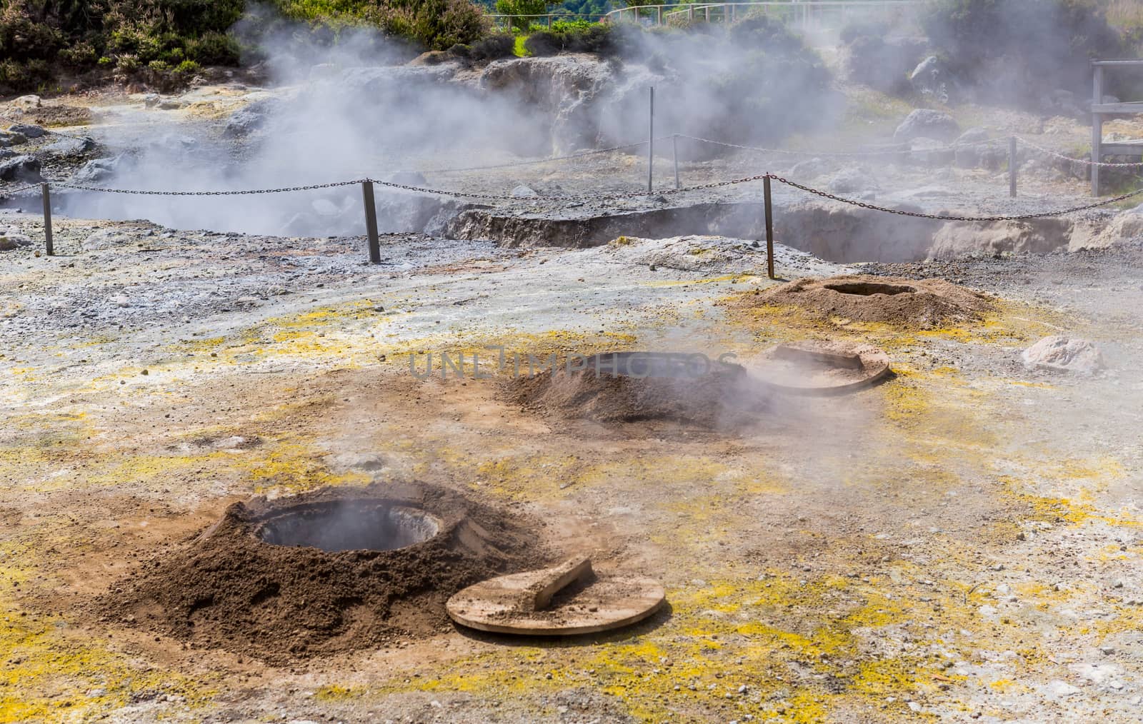 Boiling water and hot steam venting from Caldeira Grande in the small town of Furnas, Sao Miguel island in Azores, Portugal
