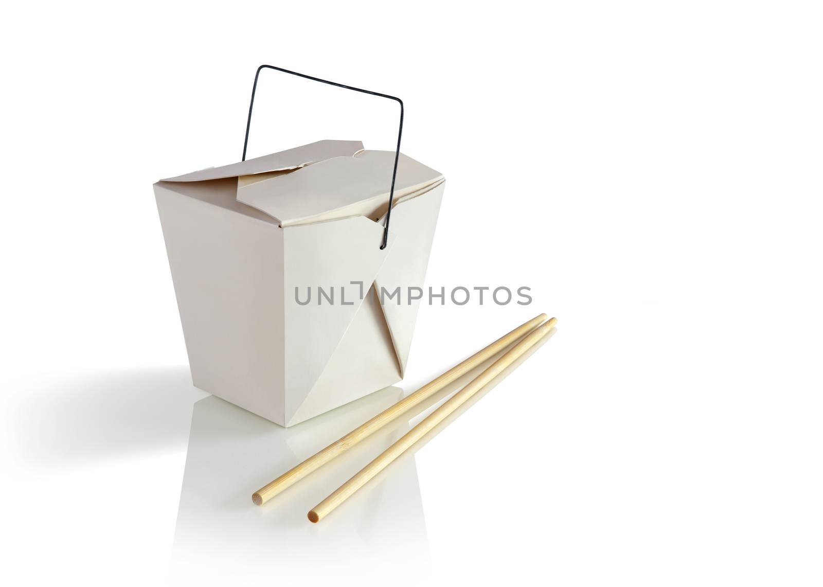 Food container take out or to-go with chopsticks isolated in white background