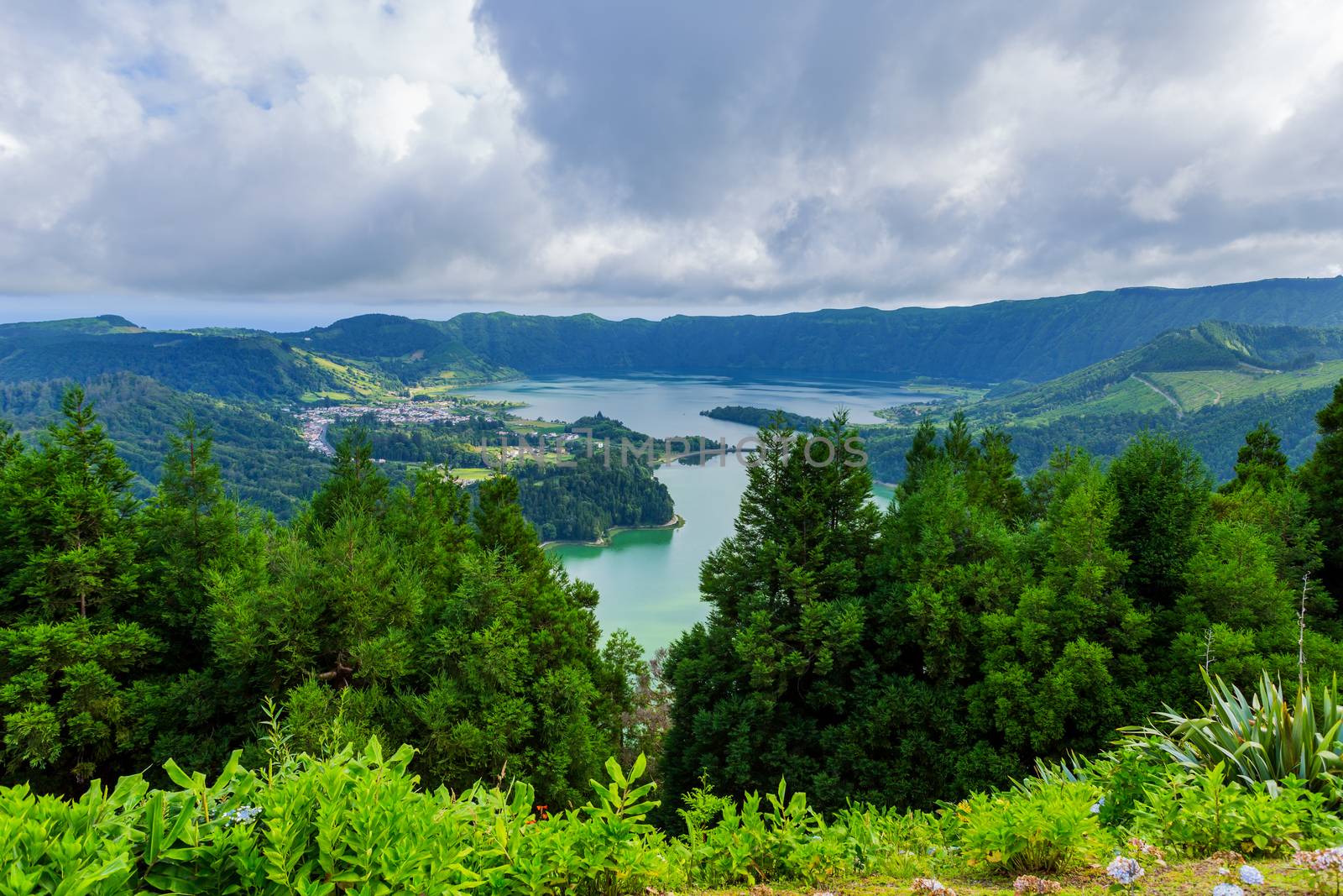 Picturesque view of the Lake of Sete Cidades, a volcanic crater lake on Sao Miguel island, Azores, Portugal