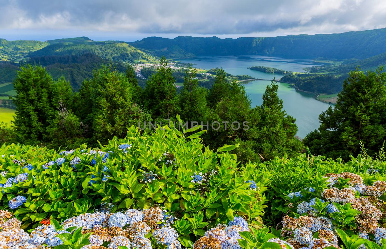 Picturesque view of the Lake of Sete Cidades, a volcanic crater lake on Sao Miguel island, Azores, Portugal