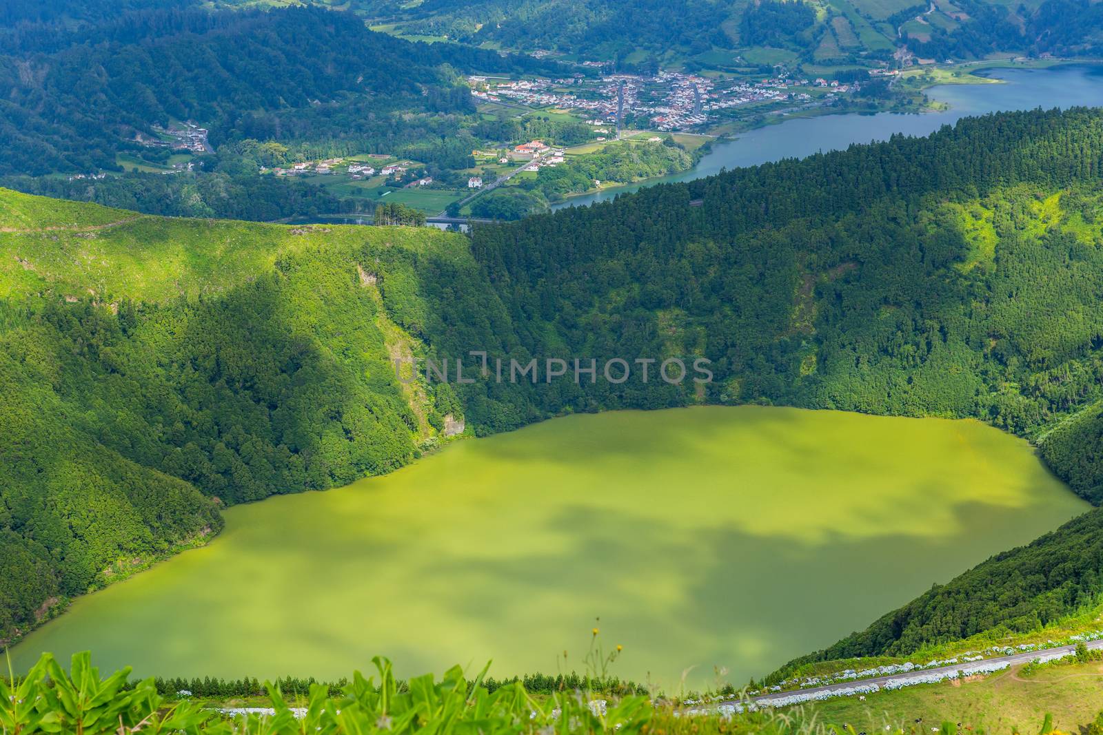 Lake of Sete Cidades, a volcanic crater lake on Sao Miguel island, Azores, Portugal. View from Boca do Inferno