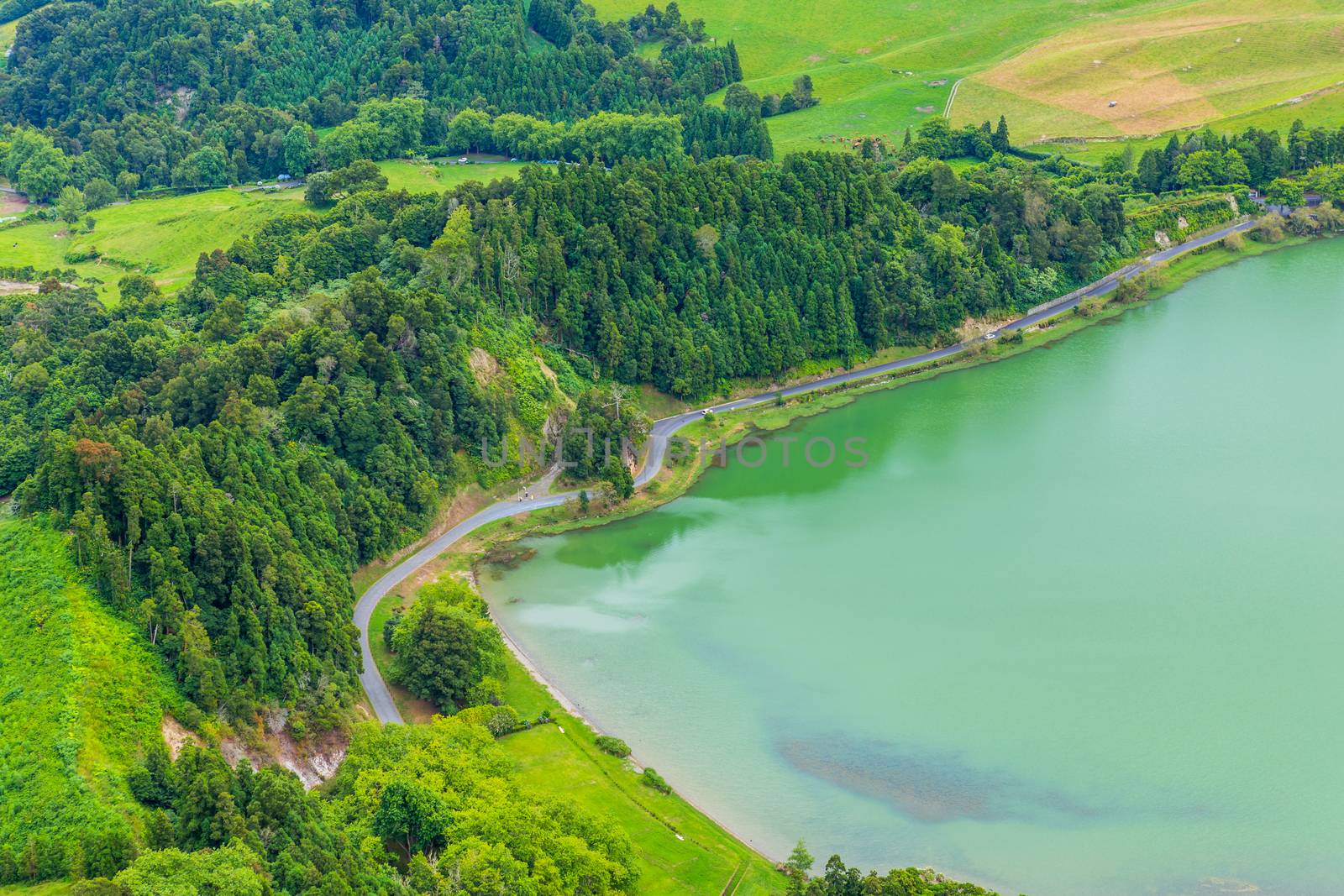 View of the Lake Furnas (Lagoa das Furnas) on Sao Miguel Island, Azores, Portugal from the Pico do Ferro scenic viewpoint.