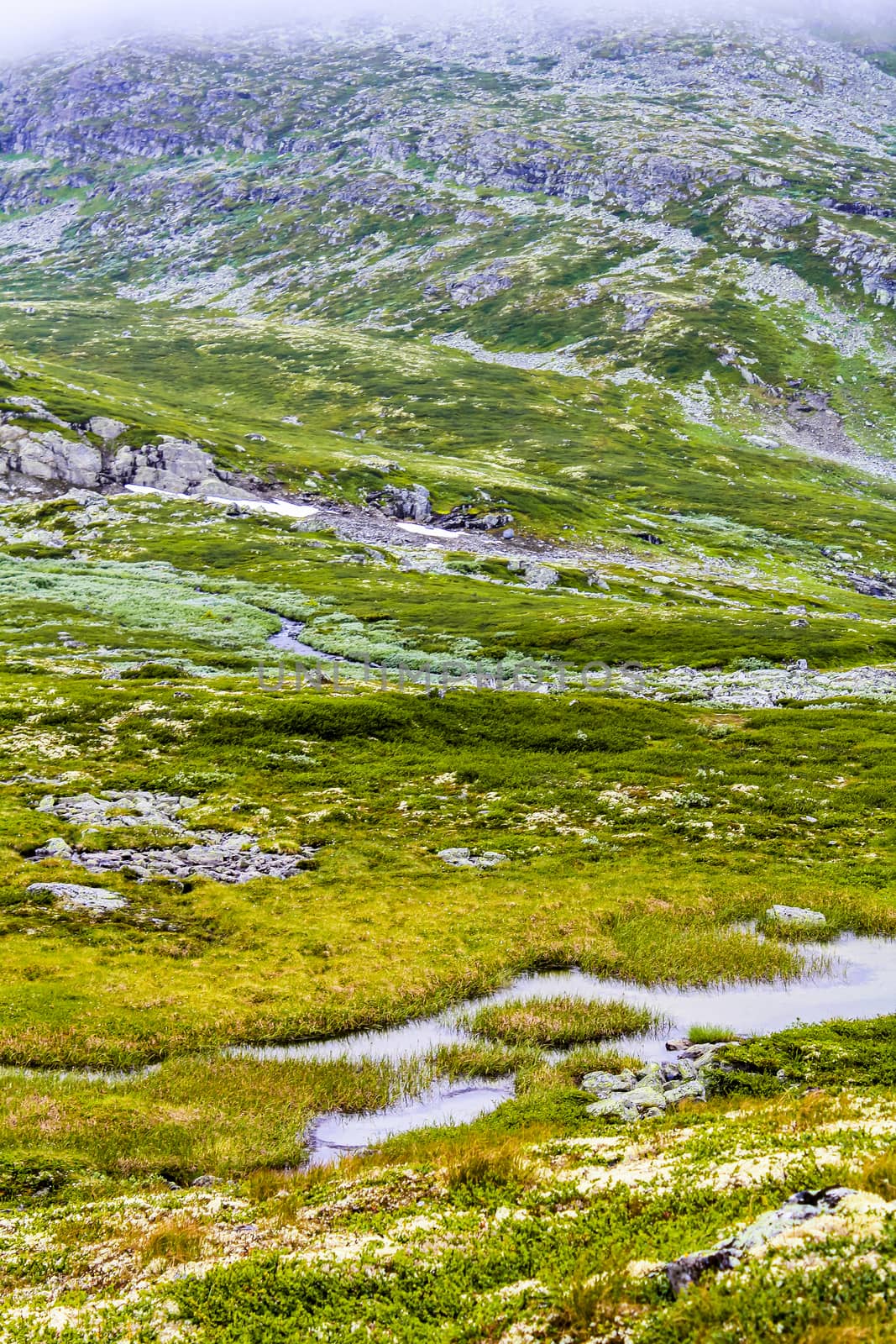 Hydnefossen waterfall and Hydna river on Veslehødn Veslehorn mountain in Hemsedal, Norway.