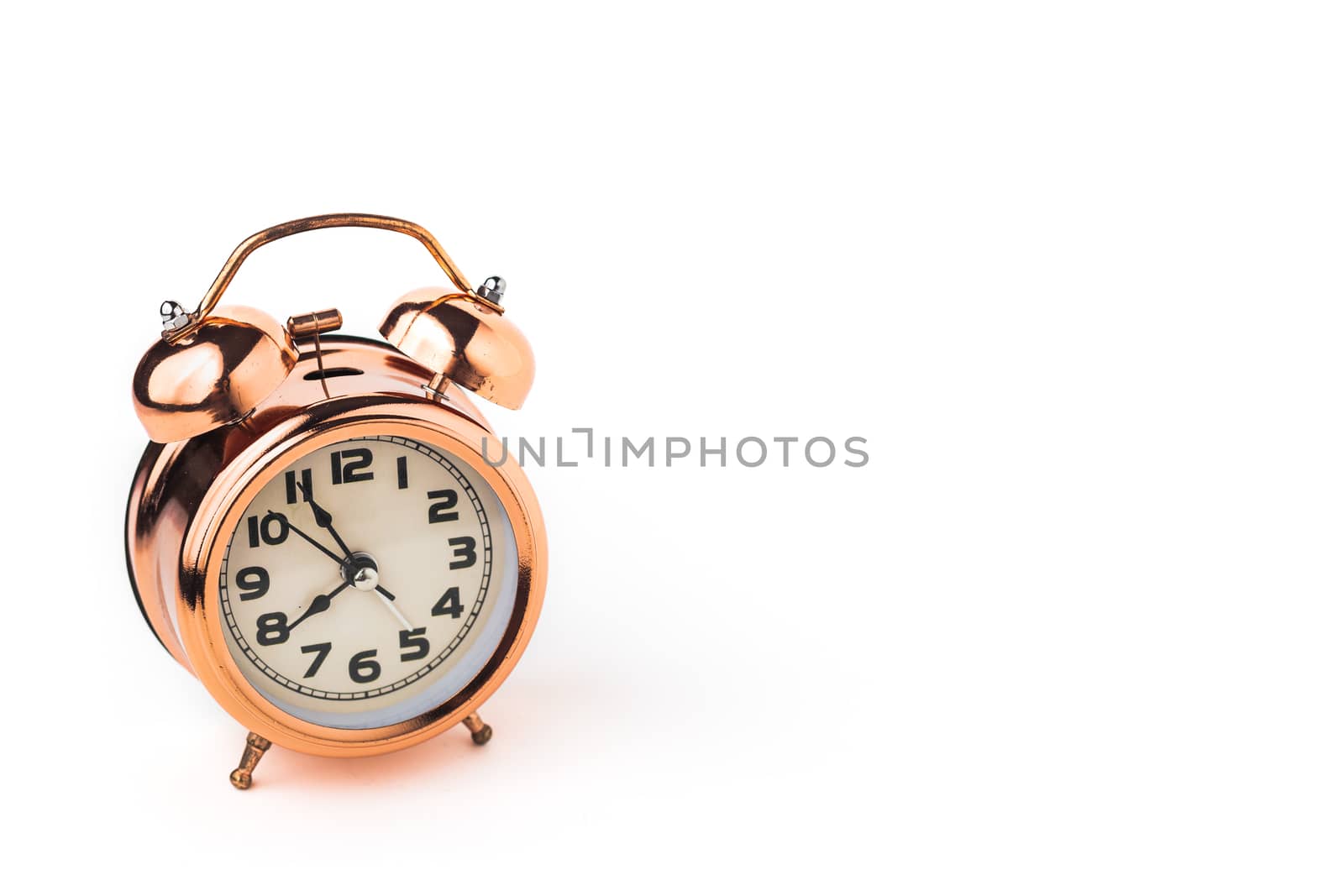 Bell alarm clock on white background with copy space for time management concept