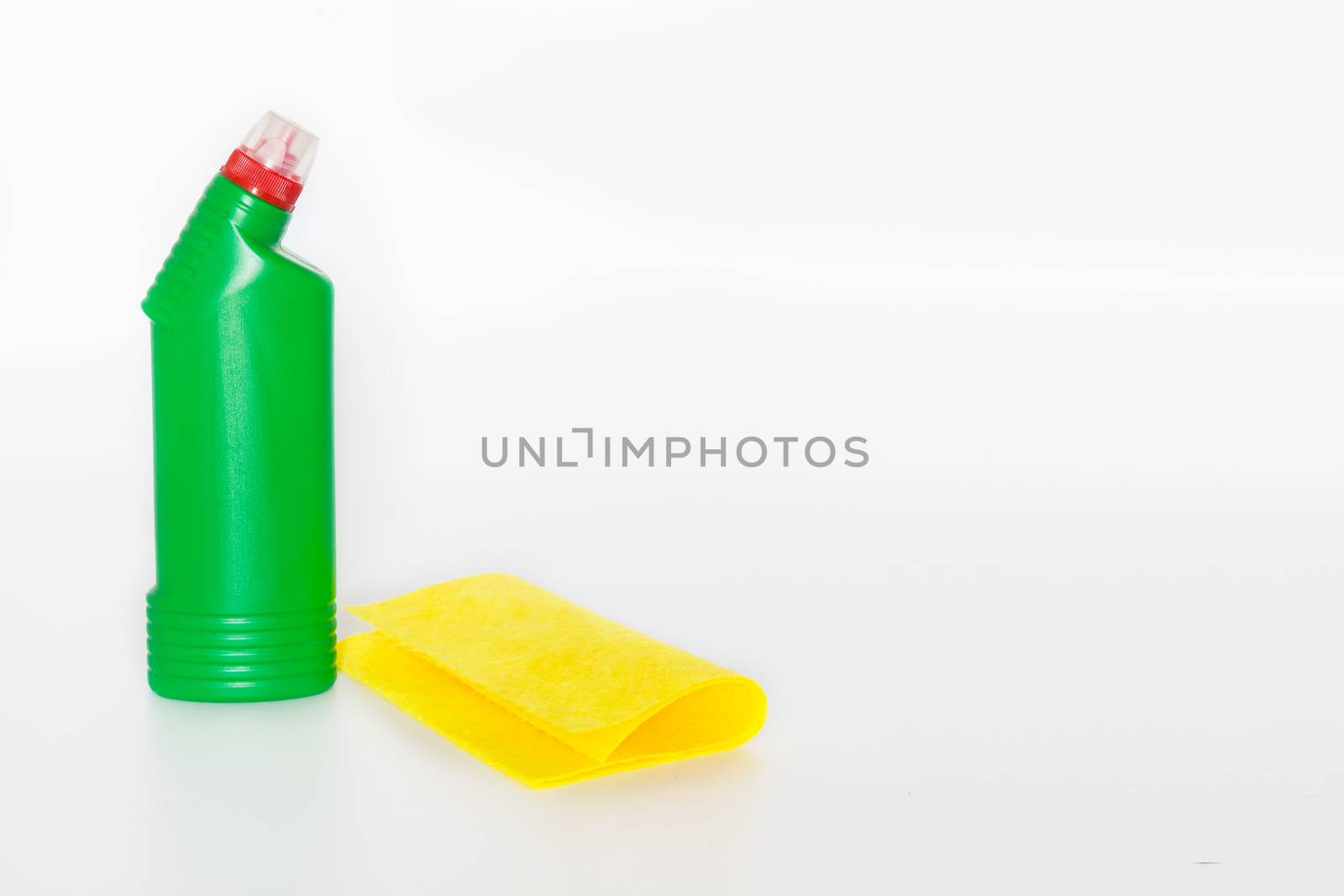 Plastic bottles with chemicals for home cleaning on a white background. by galinasharapova