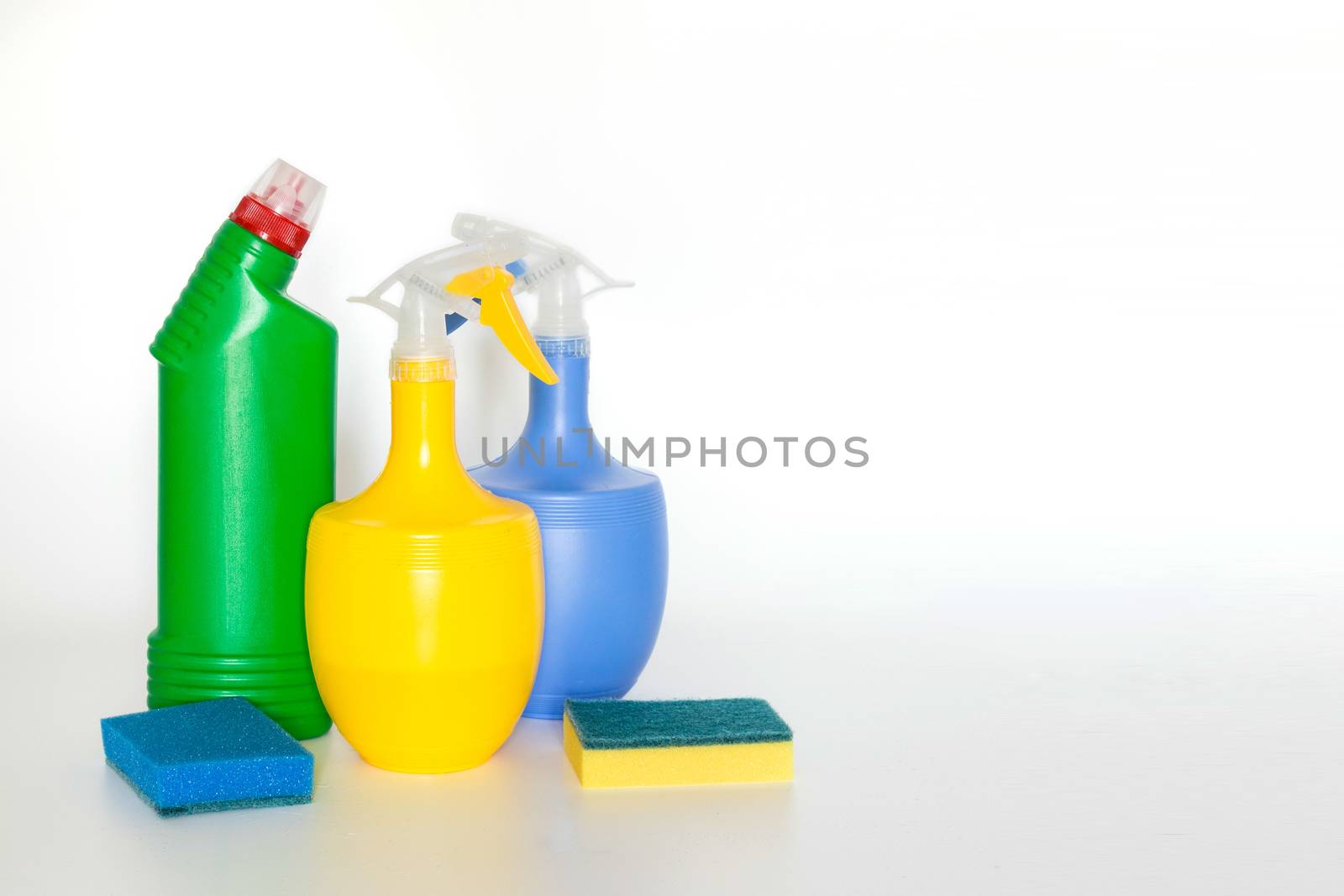 containers for household chemicals.Colorful plastic containers for household detergents, home chemistry.