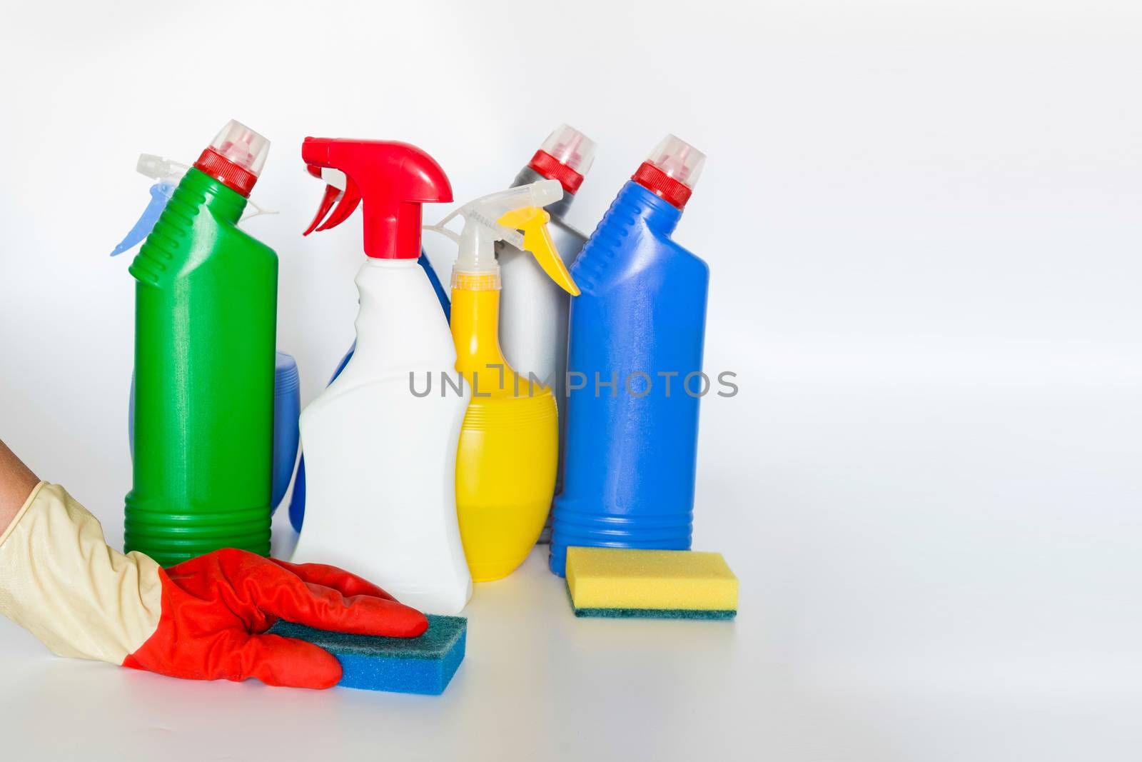 containers for household chemicals.Colorful plastic containers for household detergents, home chemistry.