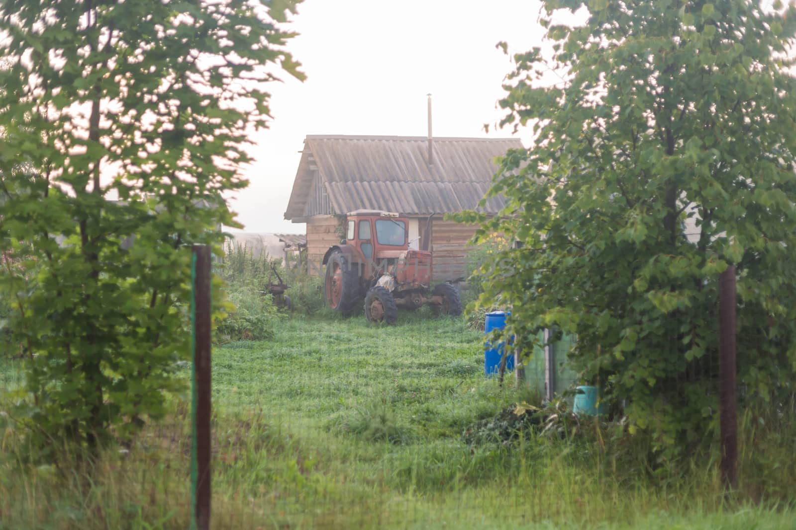 Thick fog. Rural landscape on a early foggy morning in the village, soft focus