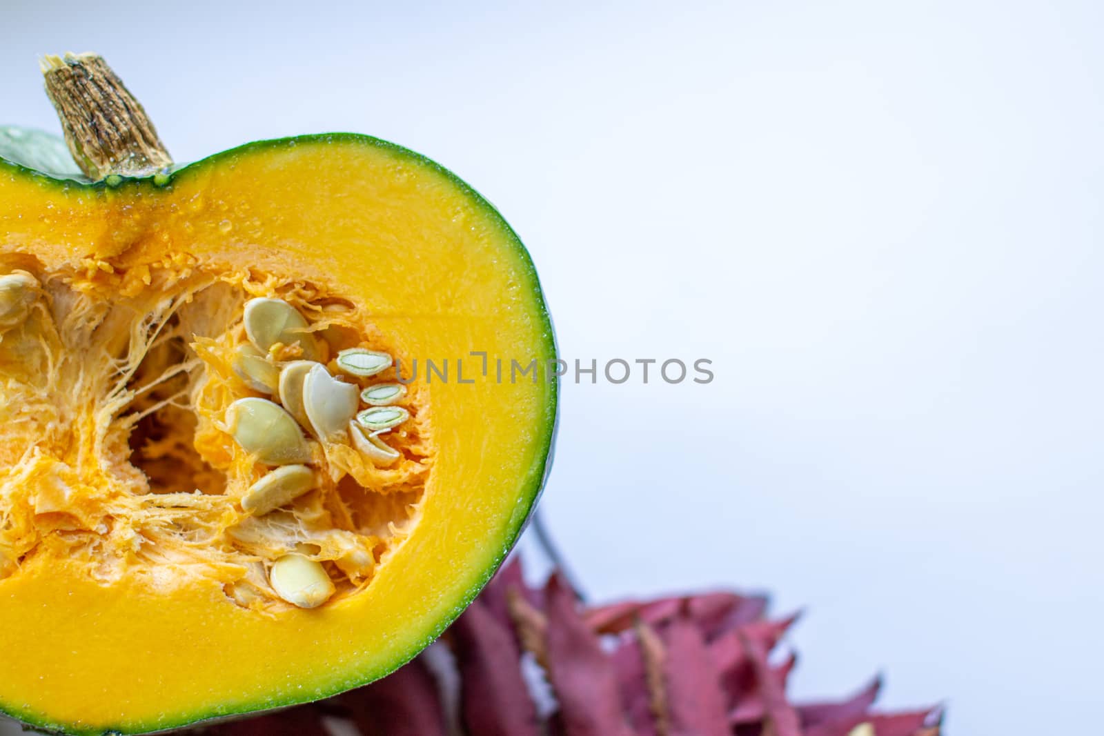 Cut ripe, yellow pumpkin on a wooden background with autumn leaves. Autumn background