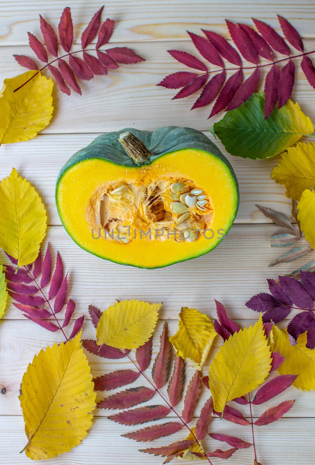 Cut ripe, yellow pumpkin on a wooden background with autumn leaves. by AnatoliiFoto