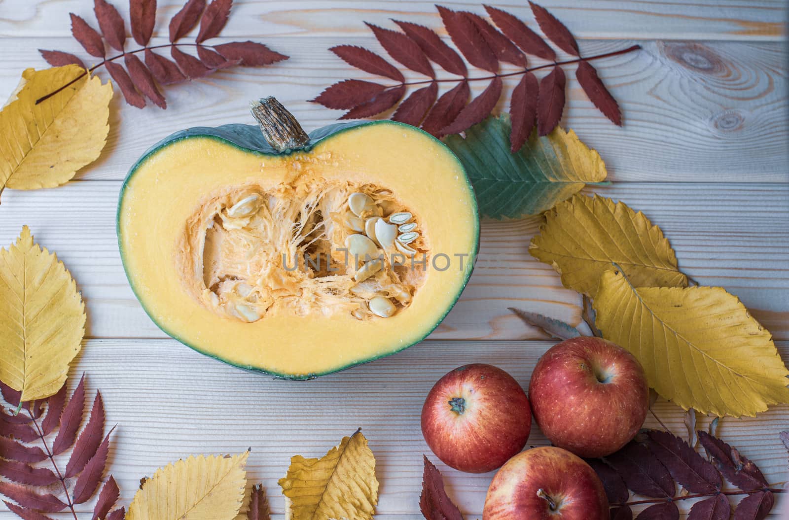 Cut ripe, yellow pumpkin on a wooden background with autumn leaves and red apples. Autumn background