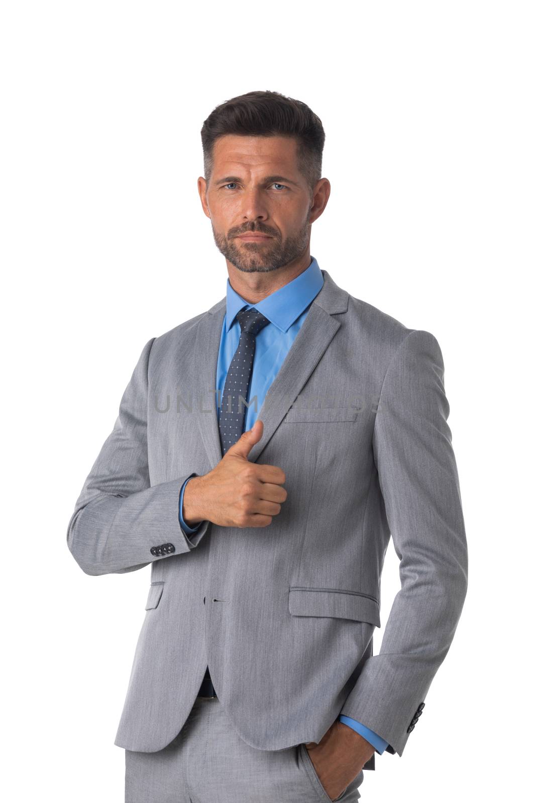 Portrait of serious mid adult business man with thumb up gesture isolated on white background