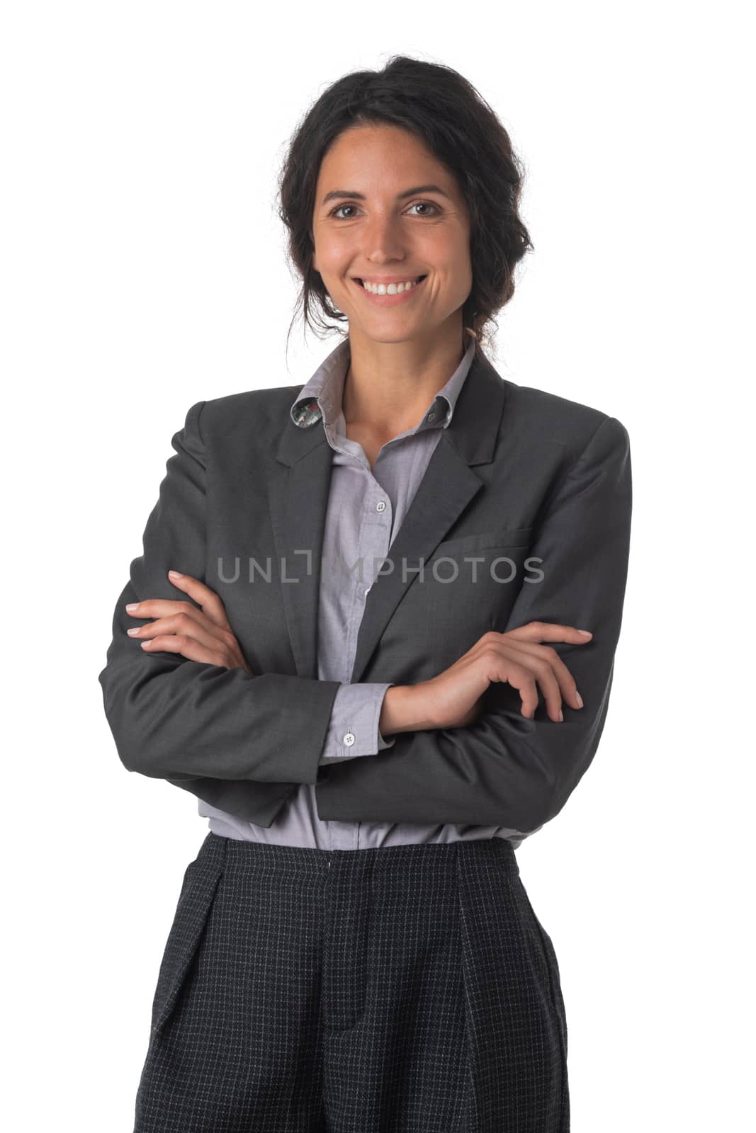 Portrait of young business woman with arms crossed studio isolated on white background