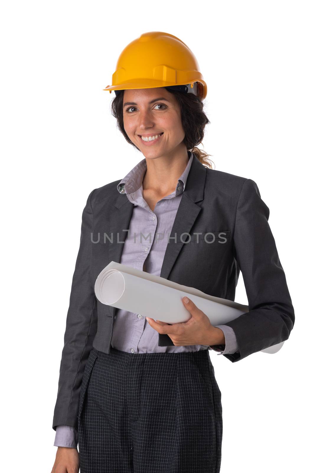 Architect in hardhat with blueprints by ALotOfPeople