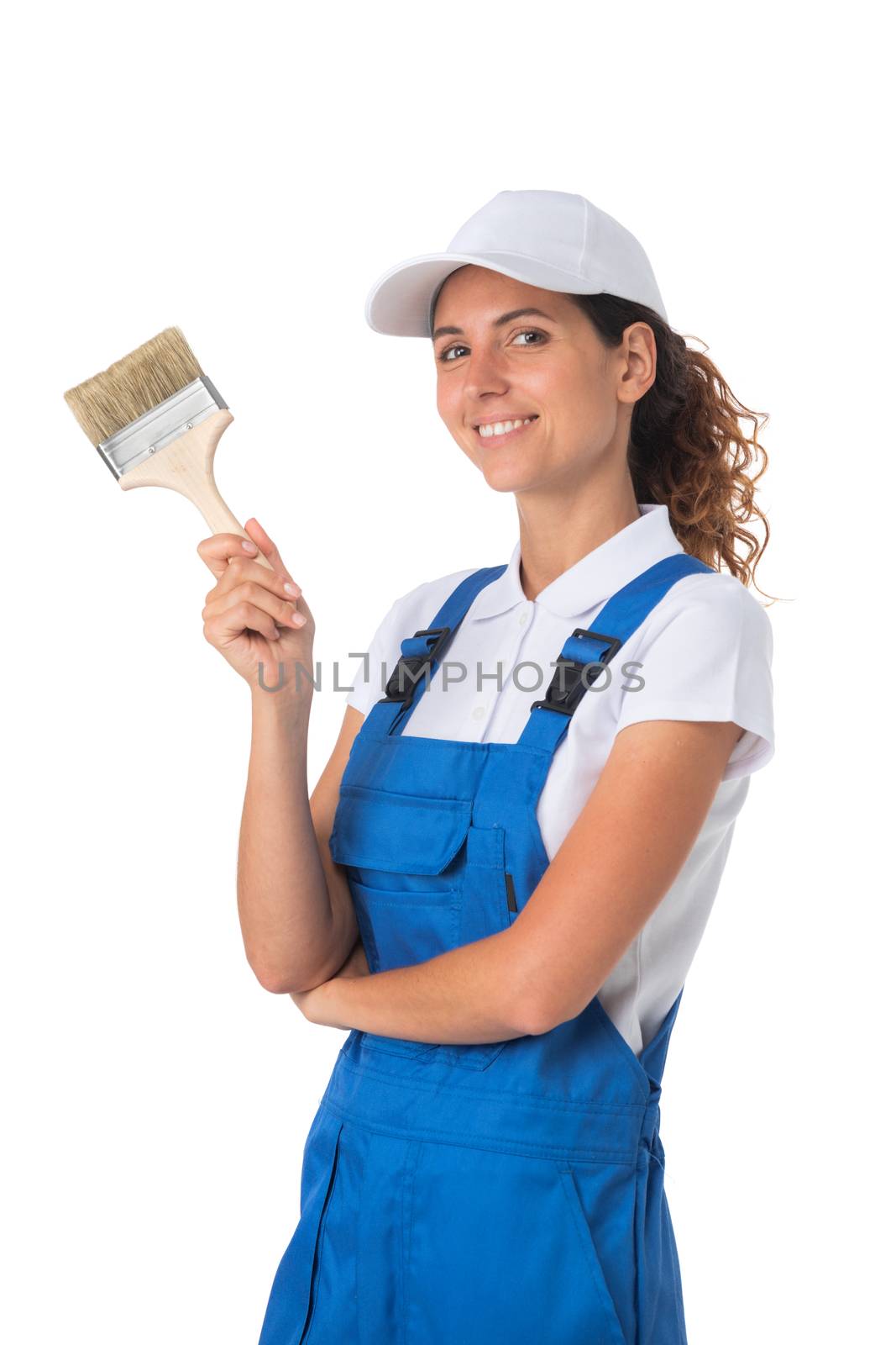 Portrait of female house painter with paint brush isolated on white background