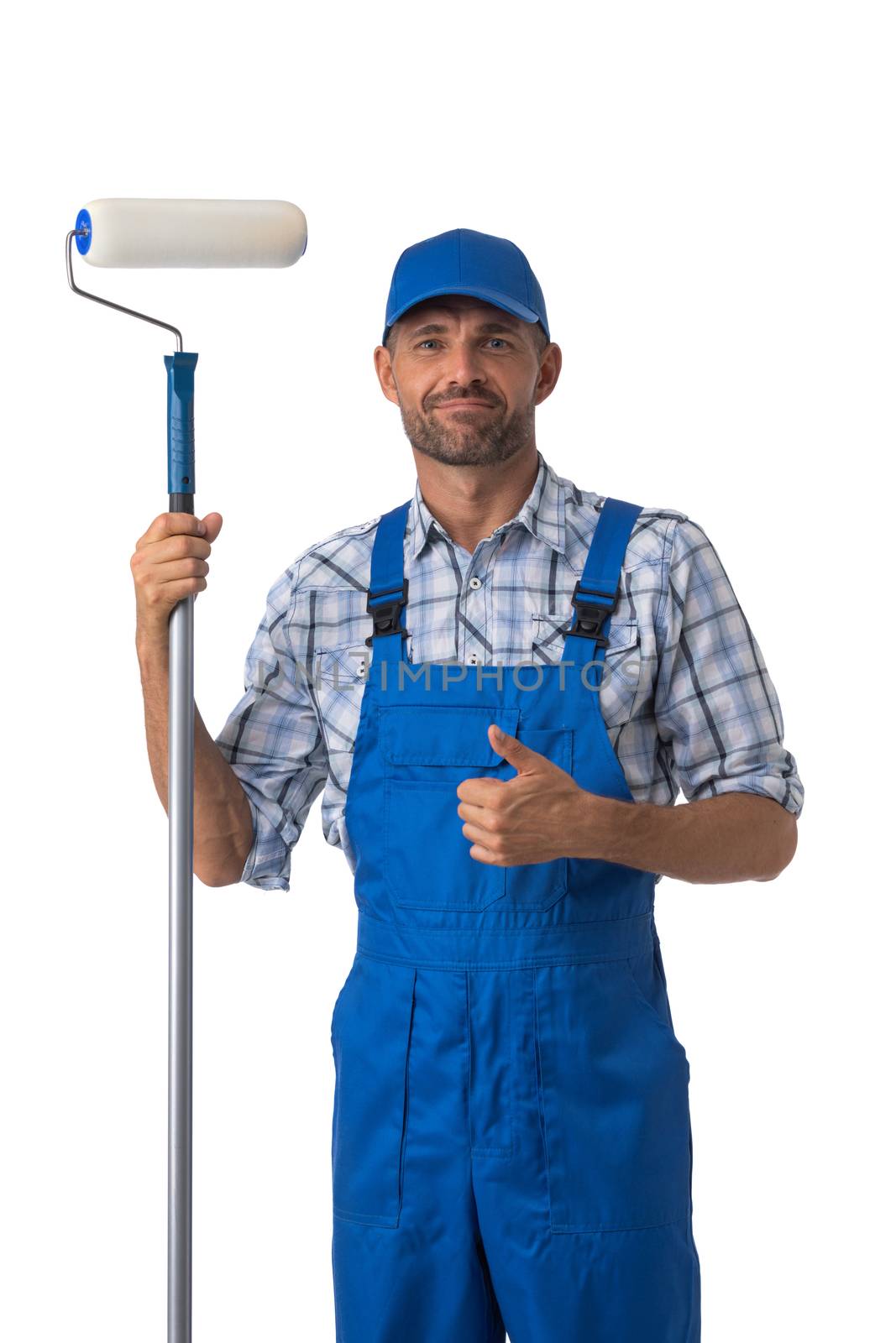 Portrait of male house painter with paint roller showing thumb up isolated on white background