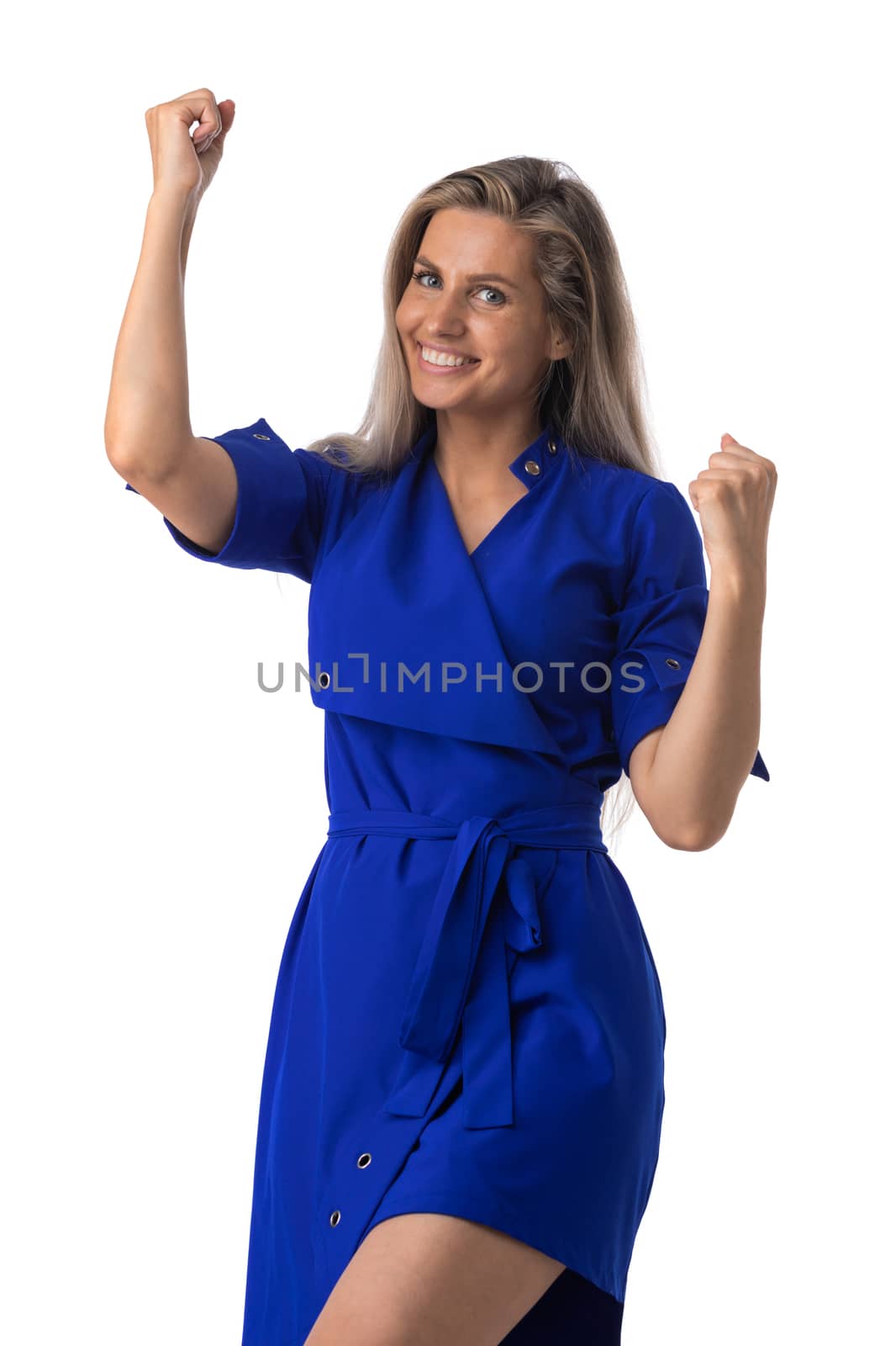 Portrait of surprised excited smile woman hold hands up , winner , girl hold fist with success, yes gesture isolated on white background