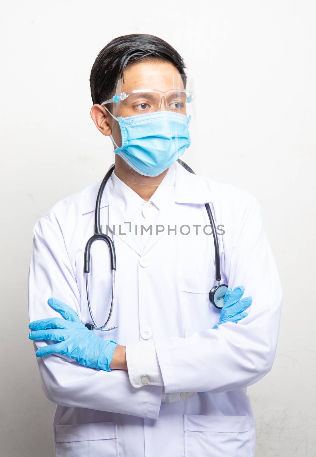 Doctor Man on blur hospital laboratory panoramic blue background by golfmhee