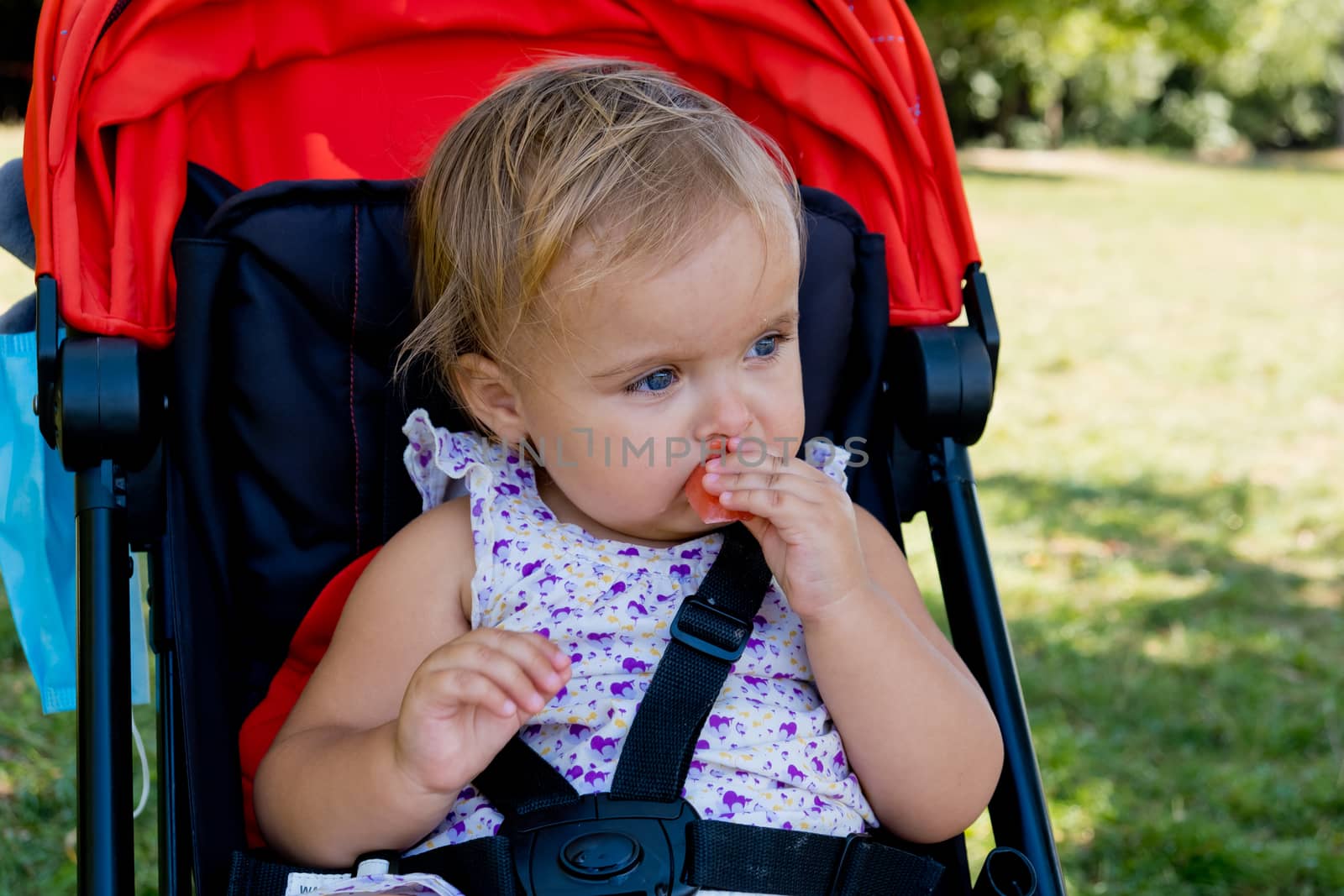 Portrait of cute baby girl eat red watermelon. Close-up. Outdoor.