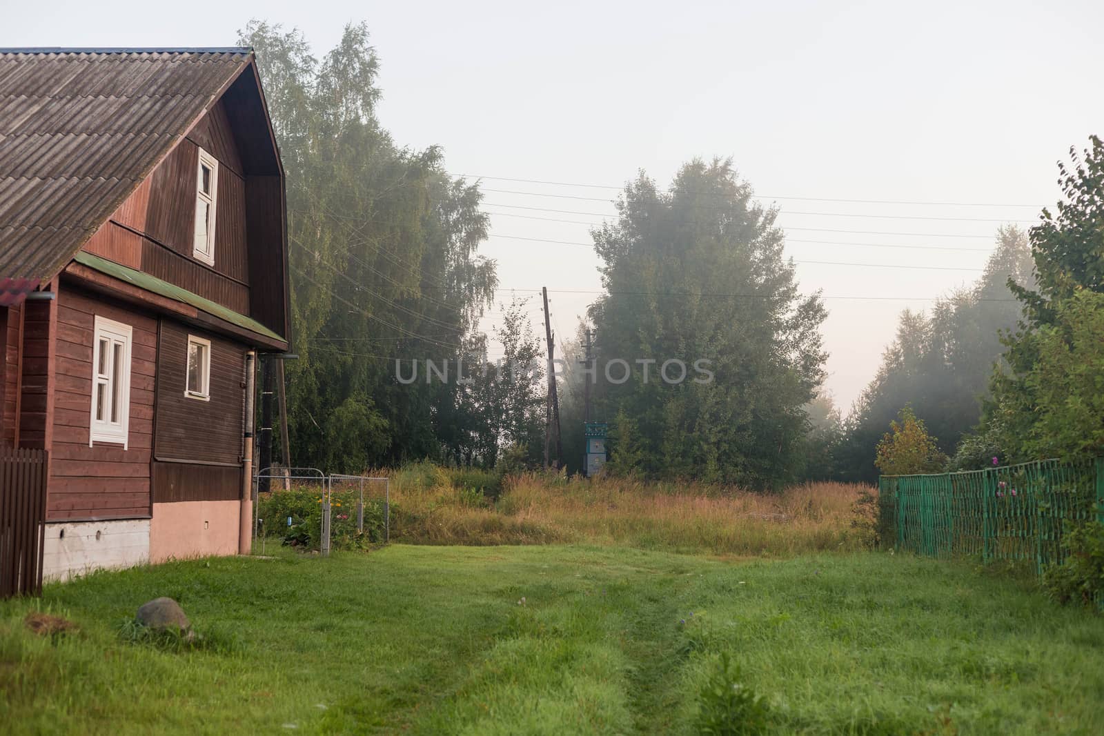 Rural landscape on a early foggy morning in the village