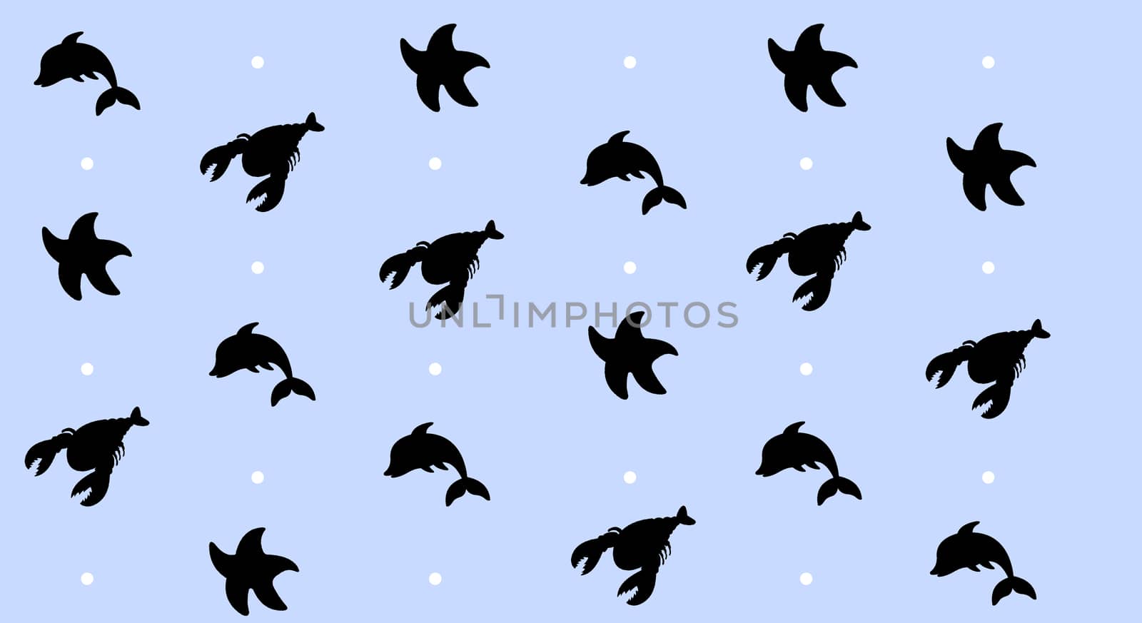 sea animal, dolphin, starfish and lobster pattern with background blue light. Cartoons that swim at the bottom of the sea. Marine vector endless texture