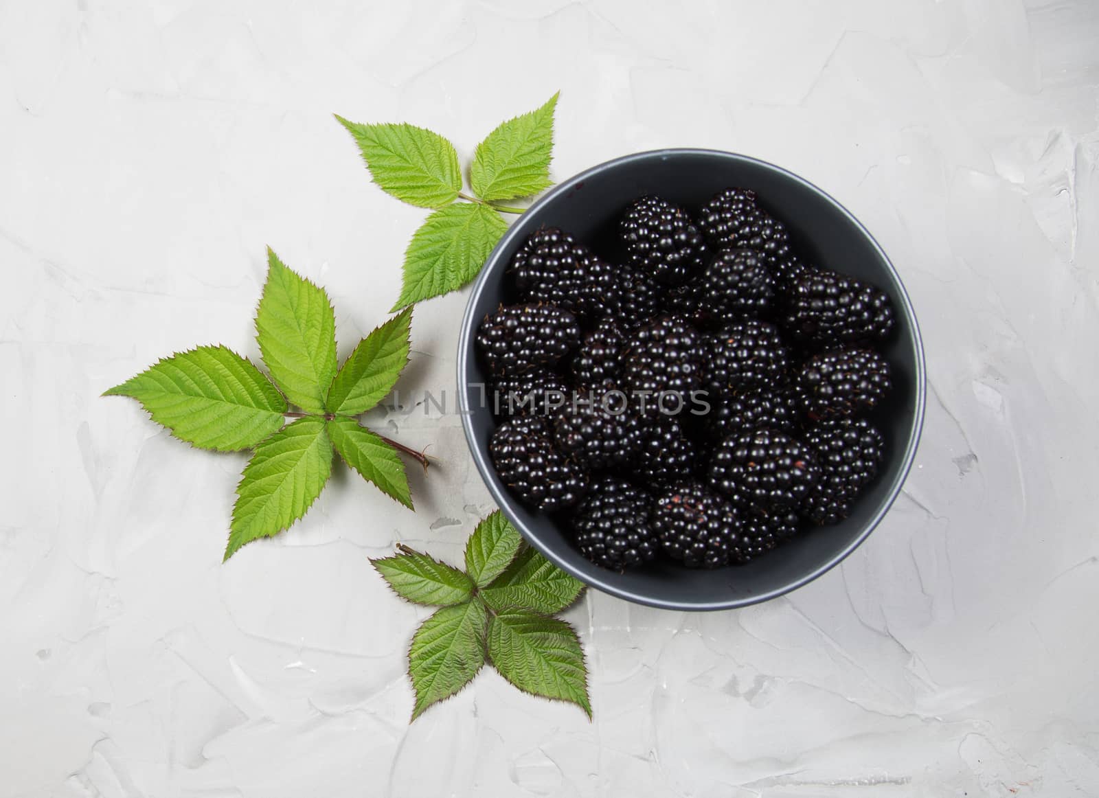 ripe blackberries with leaves in a gray bowl on a concrete background, top view